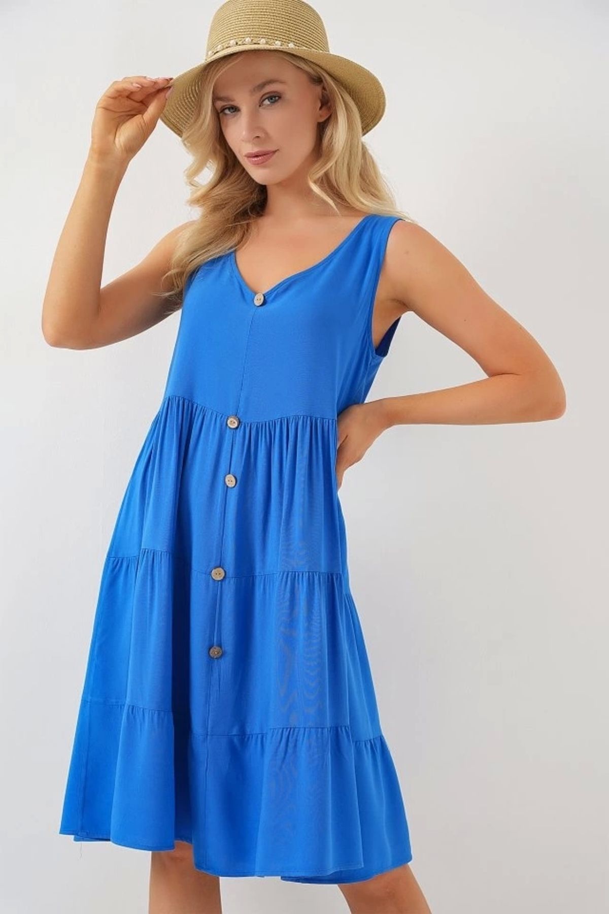 Butik Sıfır Kol Düğmeli Kısa Elbise 2571 - Saks