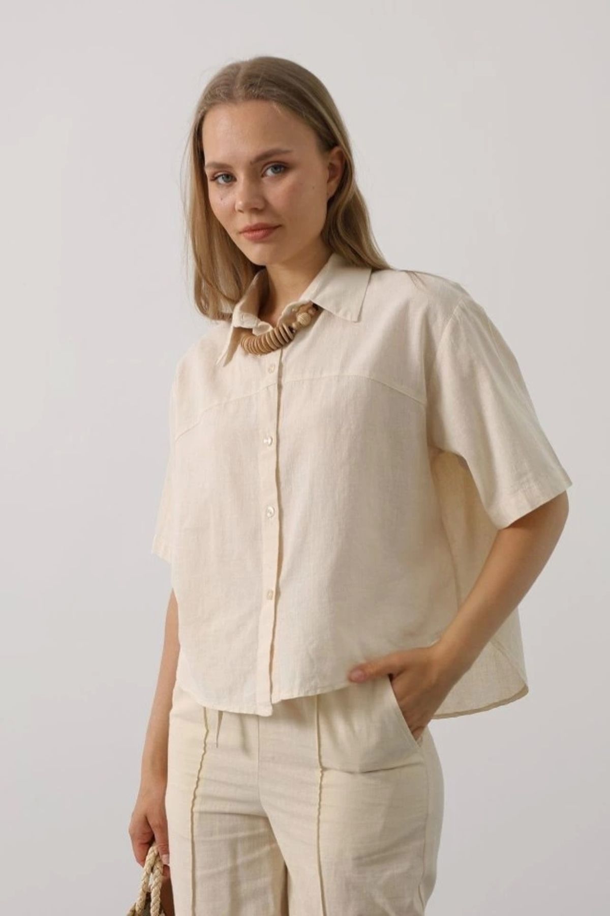 Butik Yarım Kol Gömlek - Taş