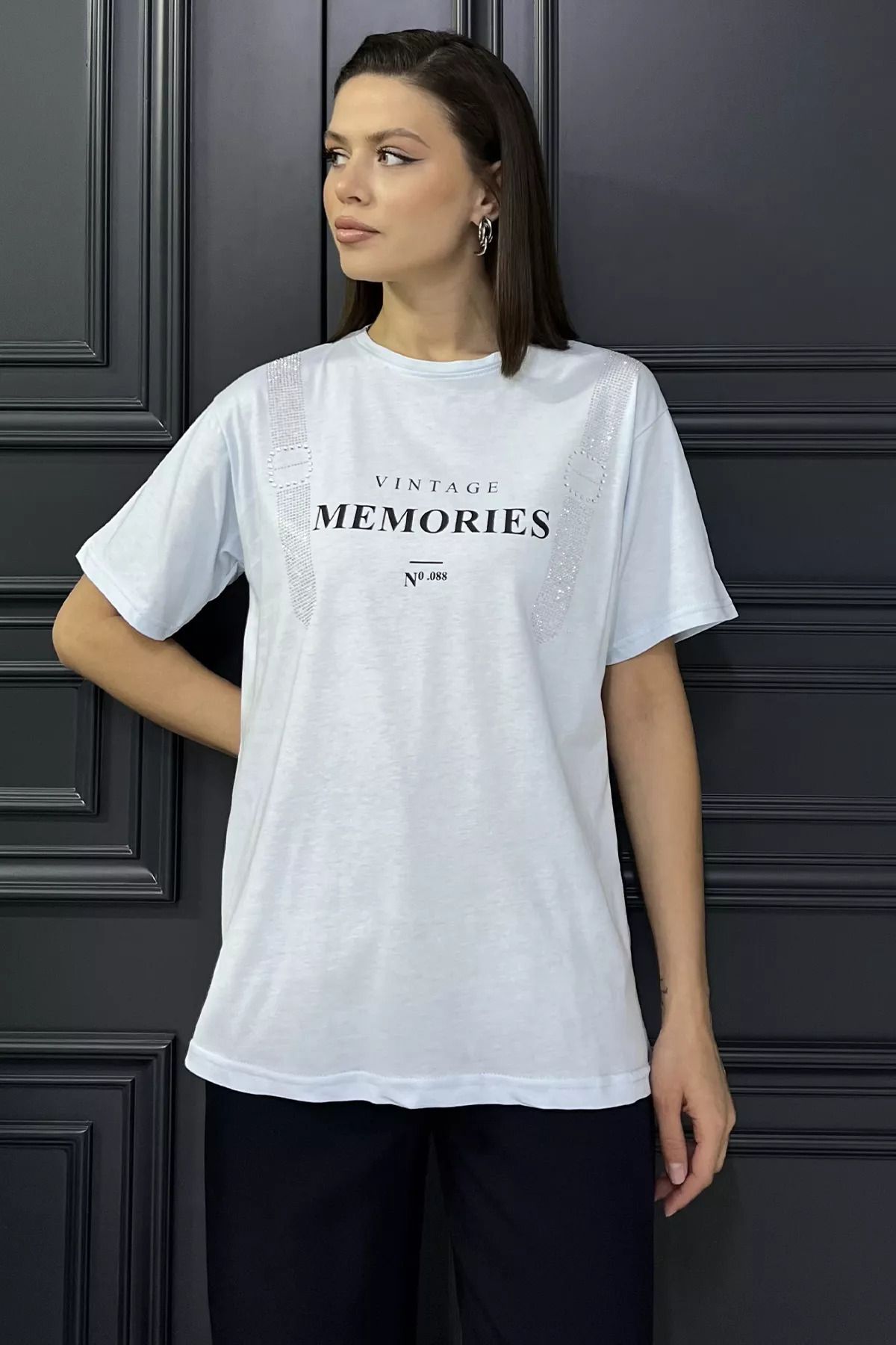 GÜLSELİ-Baby Blue Crew Neck Printed Stone Women's T-Shirt 2