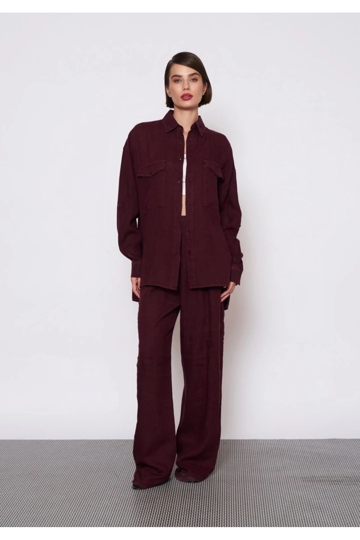 EUROFASHION Cep Kapaklı Bordo Keten Gömlek