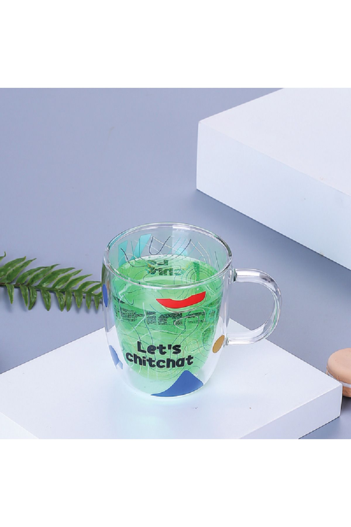Bien Servi-Elegant Lets Chit Chat Printed Double Wall Mug with Stable Base Clear 1
