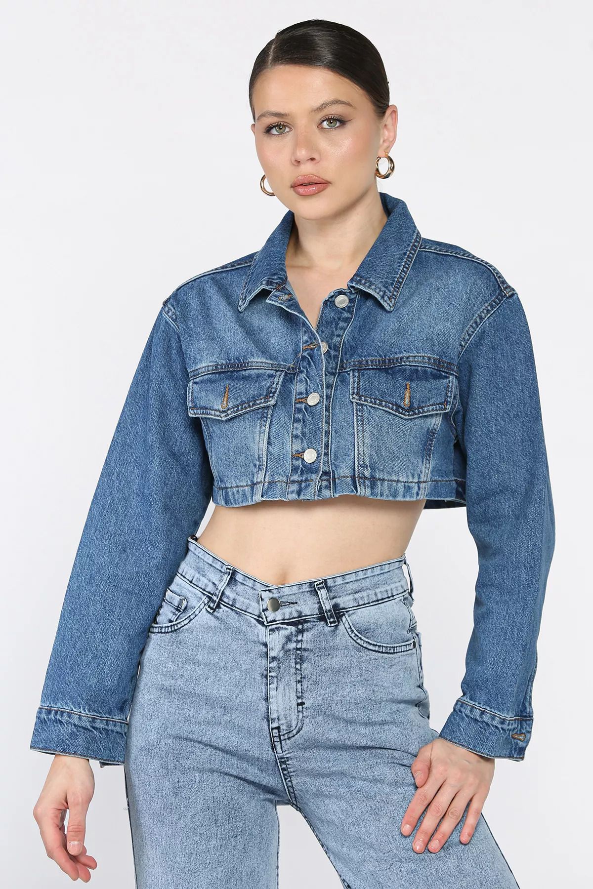 GÜLSELİ Lacivert Kadın Crop Top Jean Kot Ceket