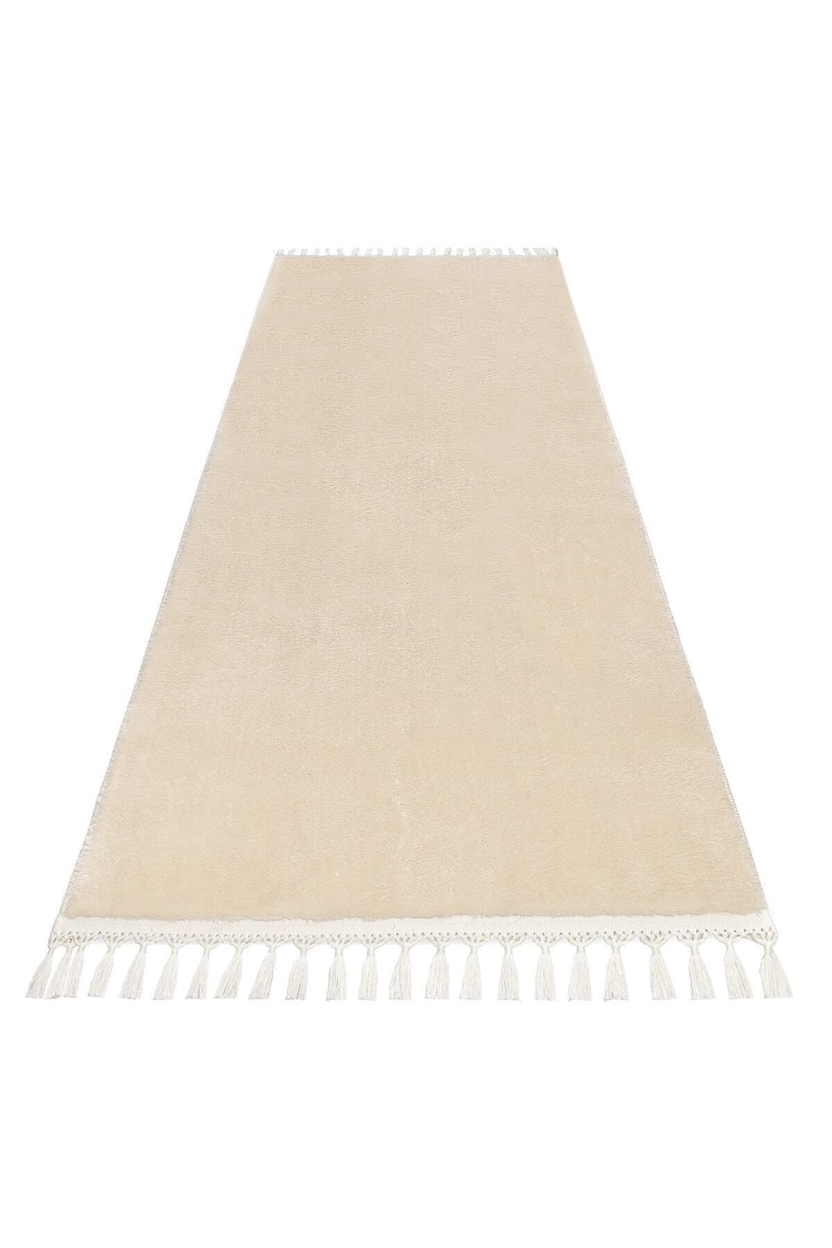 BSB HOME LİVİNG Puffy Bej Ponpon Saçaklı Peluş Yumuşacık Yıkanabilir Kaymaz Taban Halı Salon,Oturma Odası,Mutfak