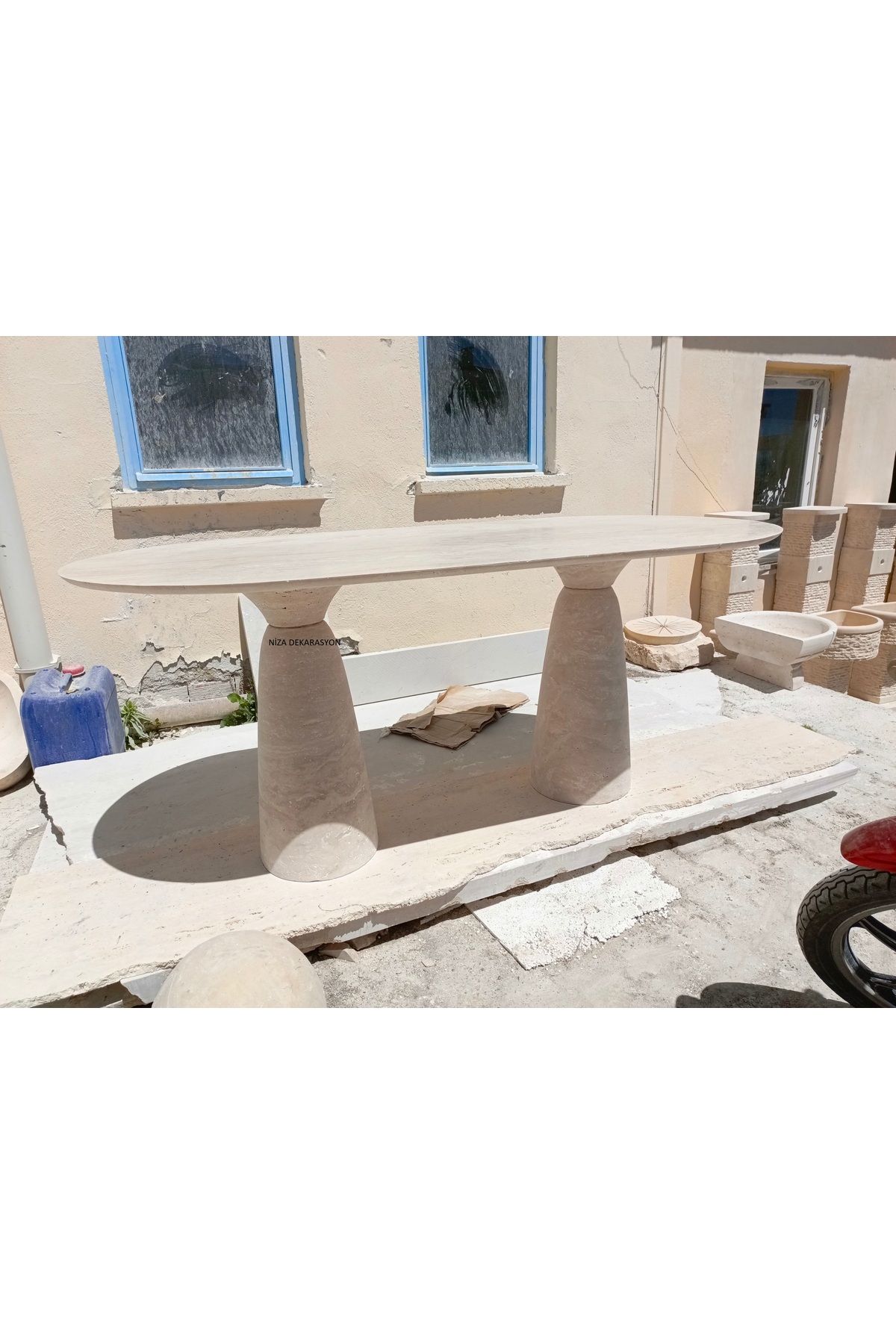 niza dekorasyon DOĞAL TRAVERTEN PERİ BACASI OVAL YEMEK MASASI