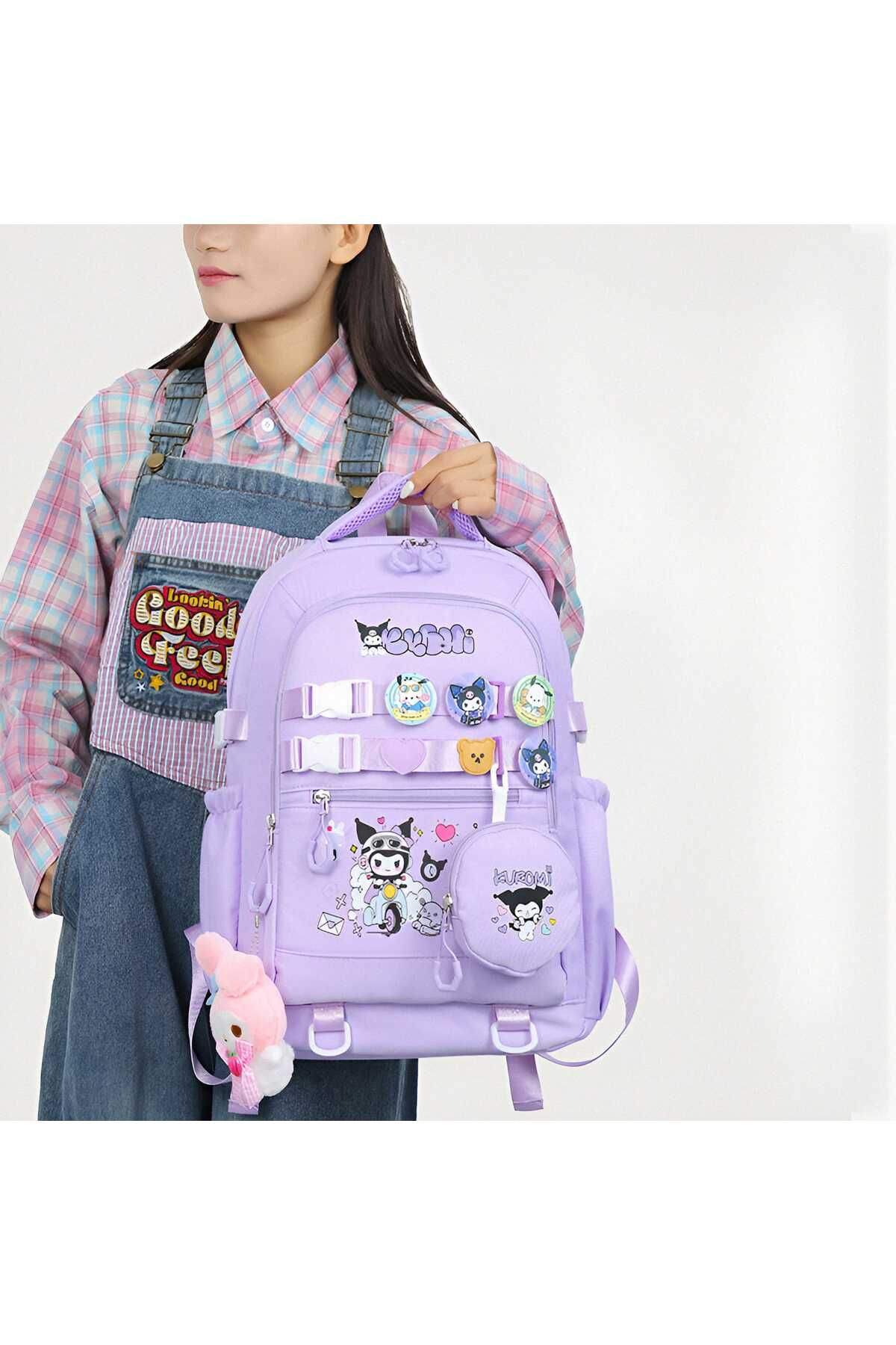Kawai Sanrio Kuromi Cinnamoroll Cüzdanlı Aksesuarlı Okul Çantası