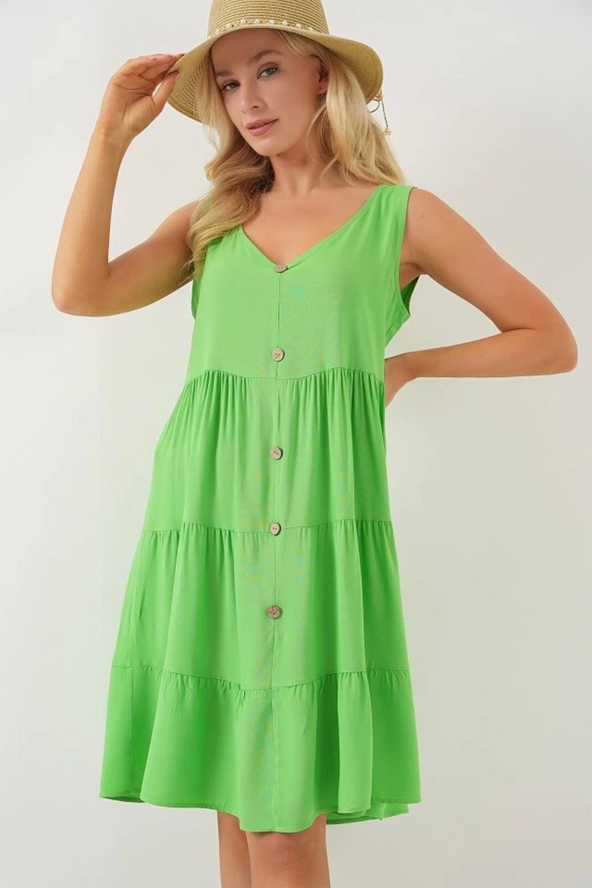 Butik Sıfır Kol Düğmeli Kısa Elbise 2571 - Yeşil