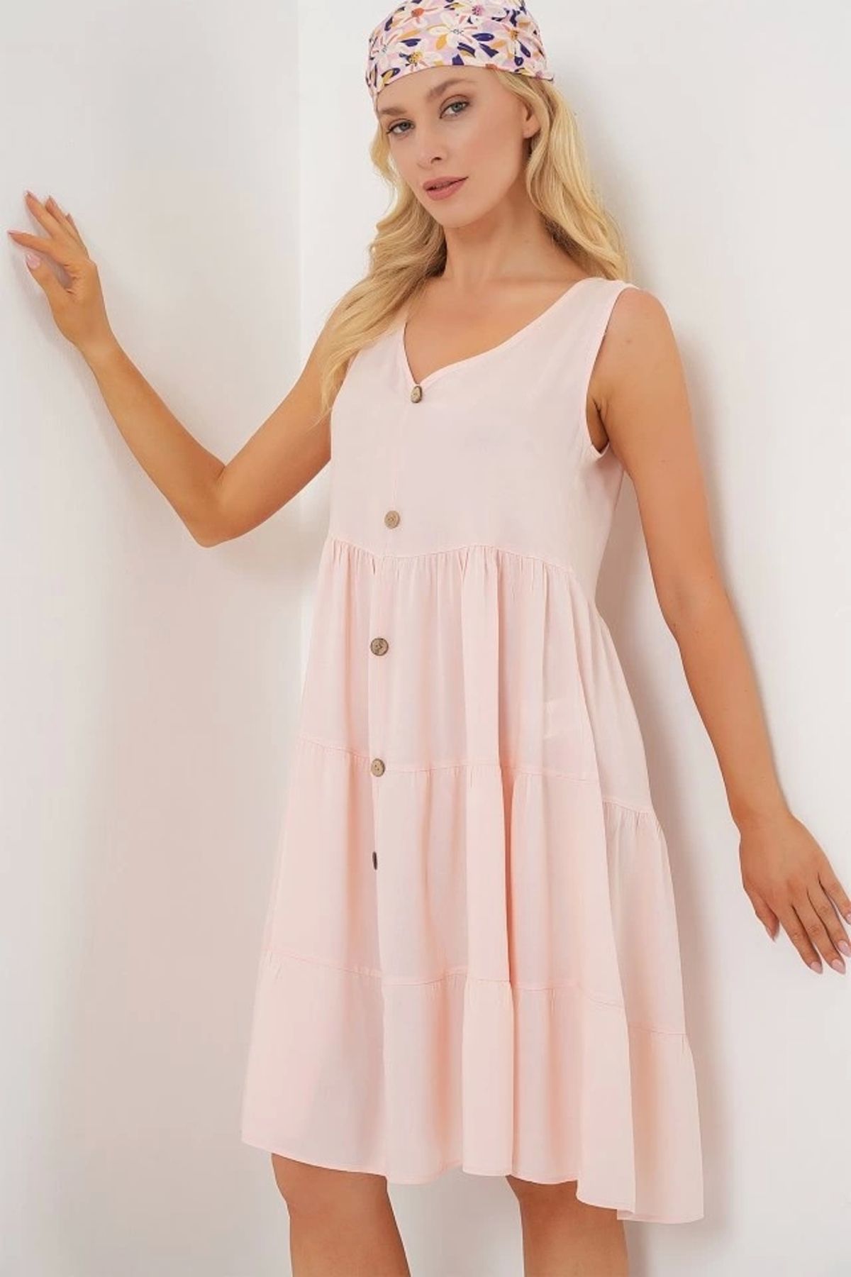 Butik Sıfır Kol Düğmeli Kısa Elbise 2571 - Pudra