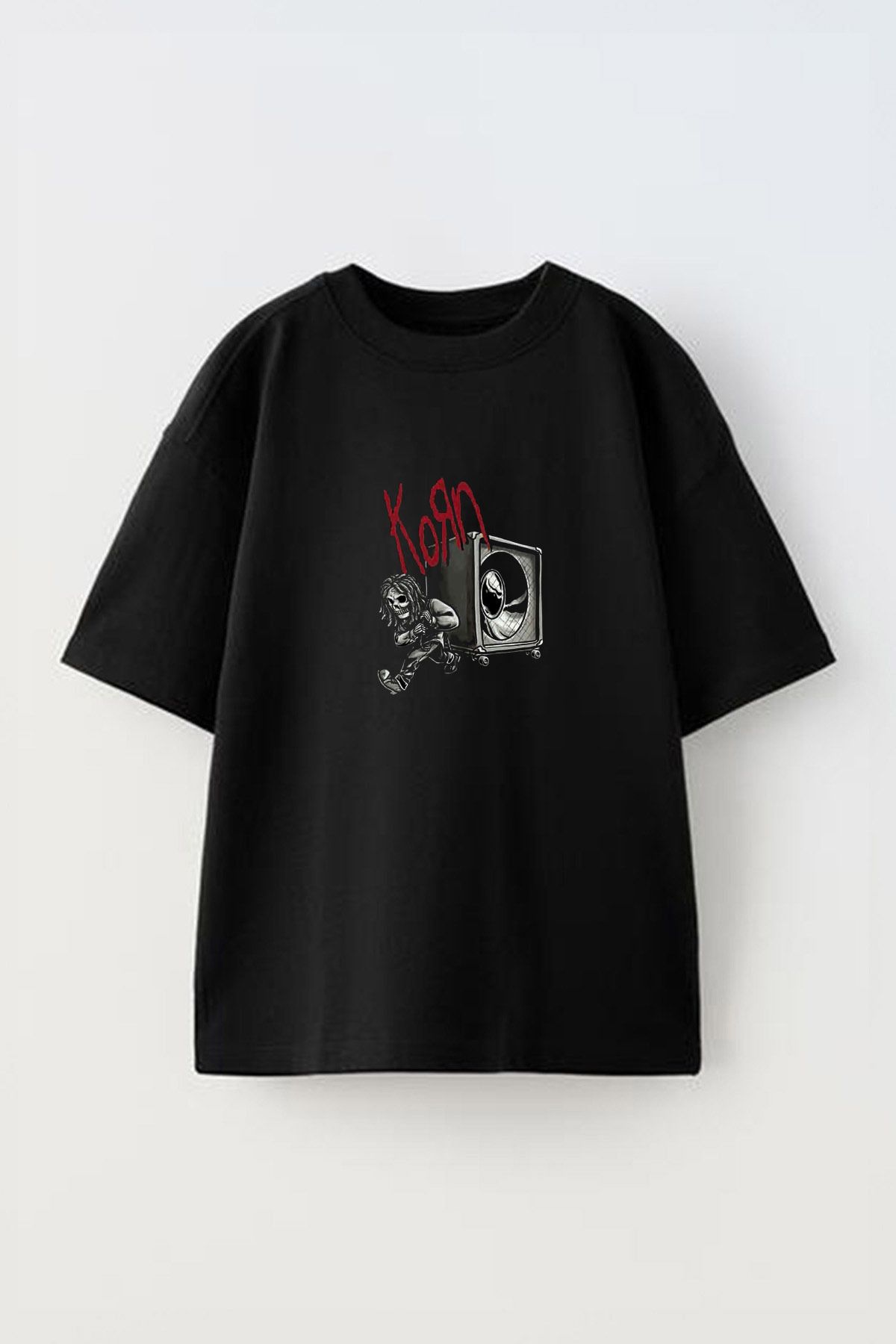 Anetos Korn Hoparlör Ön Baskılı Pamuk Siyah Oversize T shirt