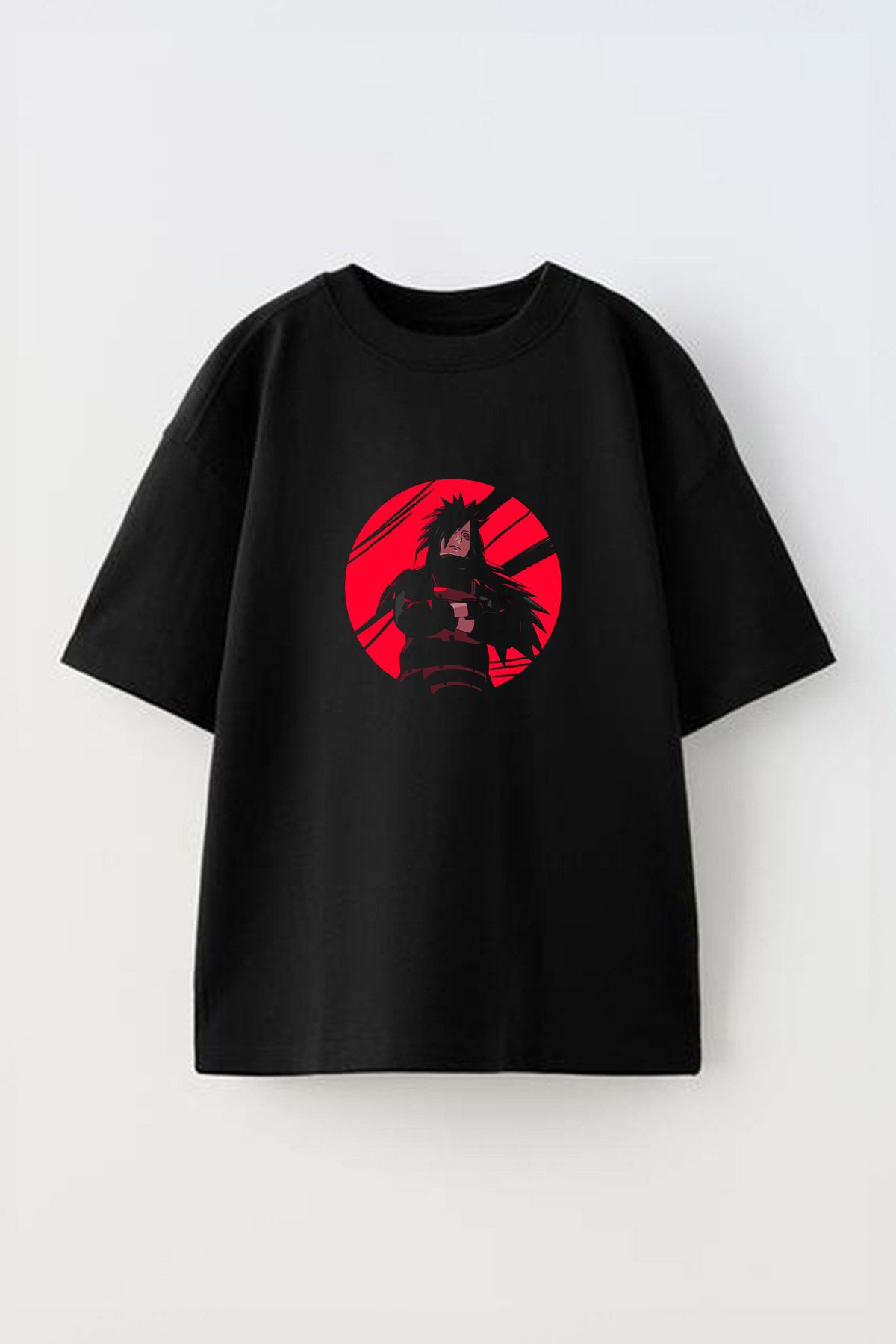Anetos Madara Uchiha Ön Baskılı Pamuk Siyah Oversize T shirt