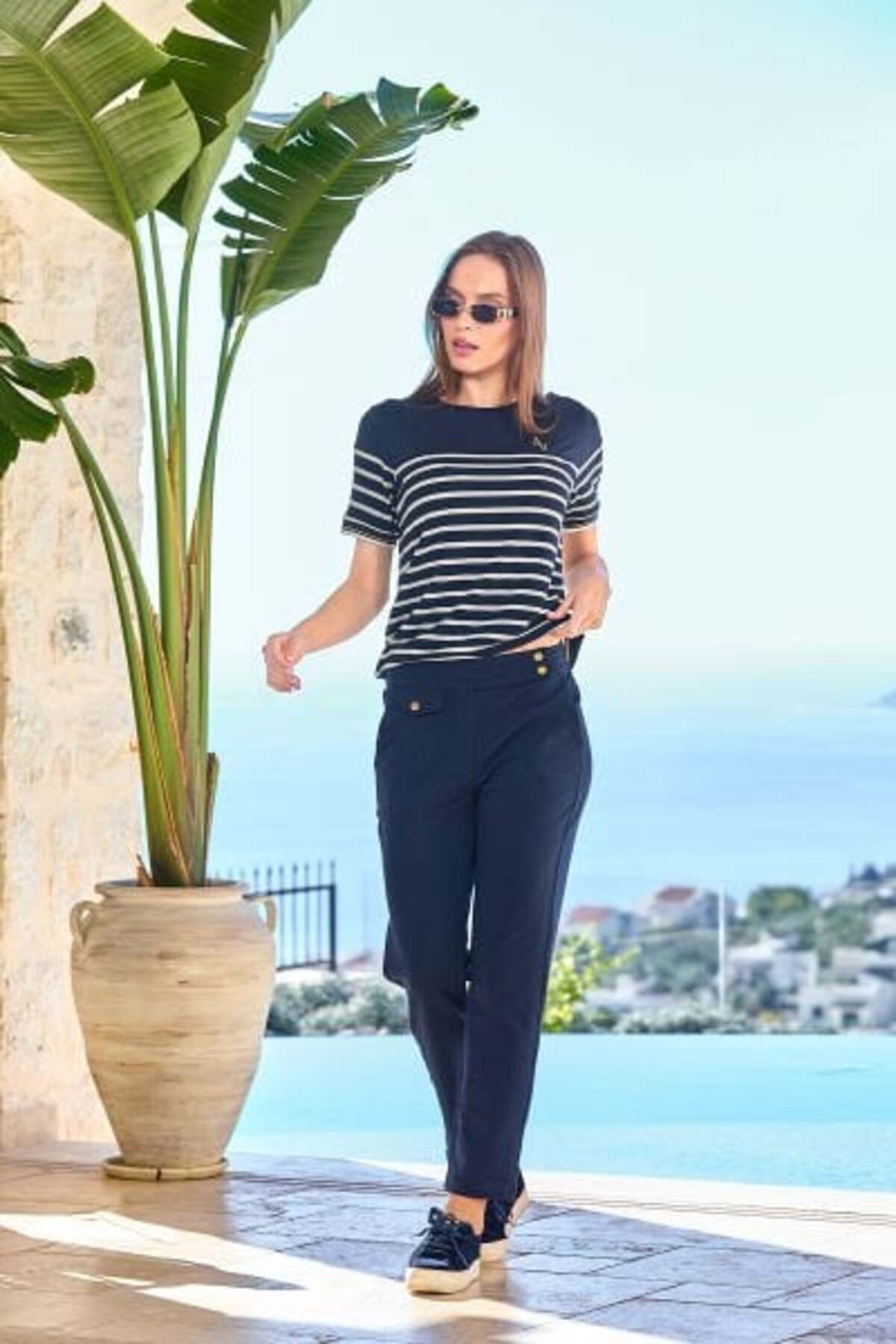 Aqua Cossy By Aqua 25819 Kadın Kısa Kol Çizgi Desen Büyük Beden Pamuklu Spor 2'li Takım