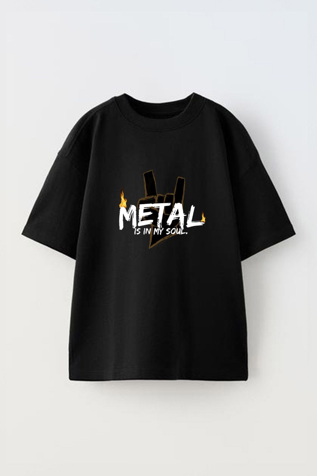 Anetos Metal Is In My Soul Ön Baskılı Pamuk Siyah Oversize T shirt