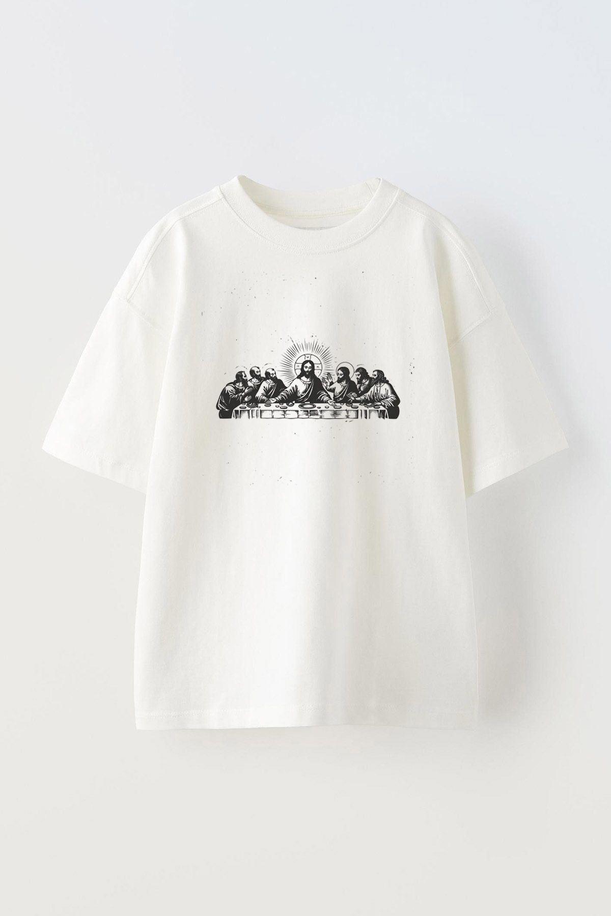 Anetos Last Supper Ön Baskılı Pamuk Beyaz Oversize T shirt