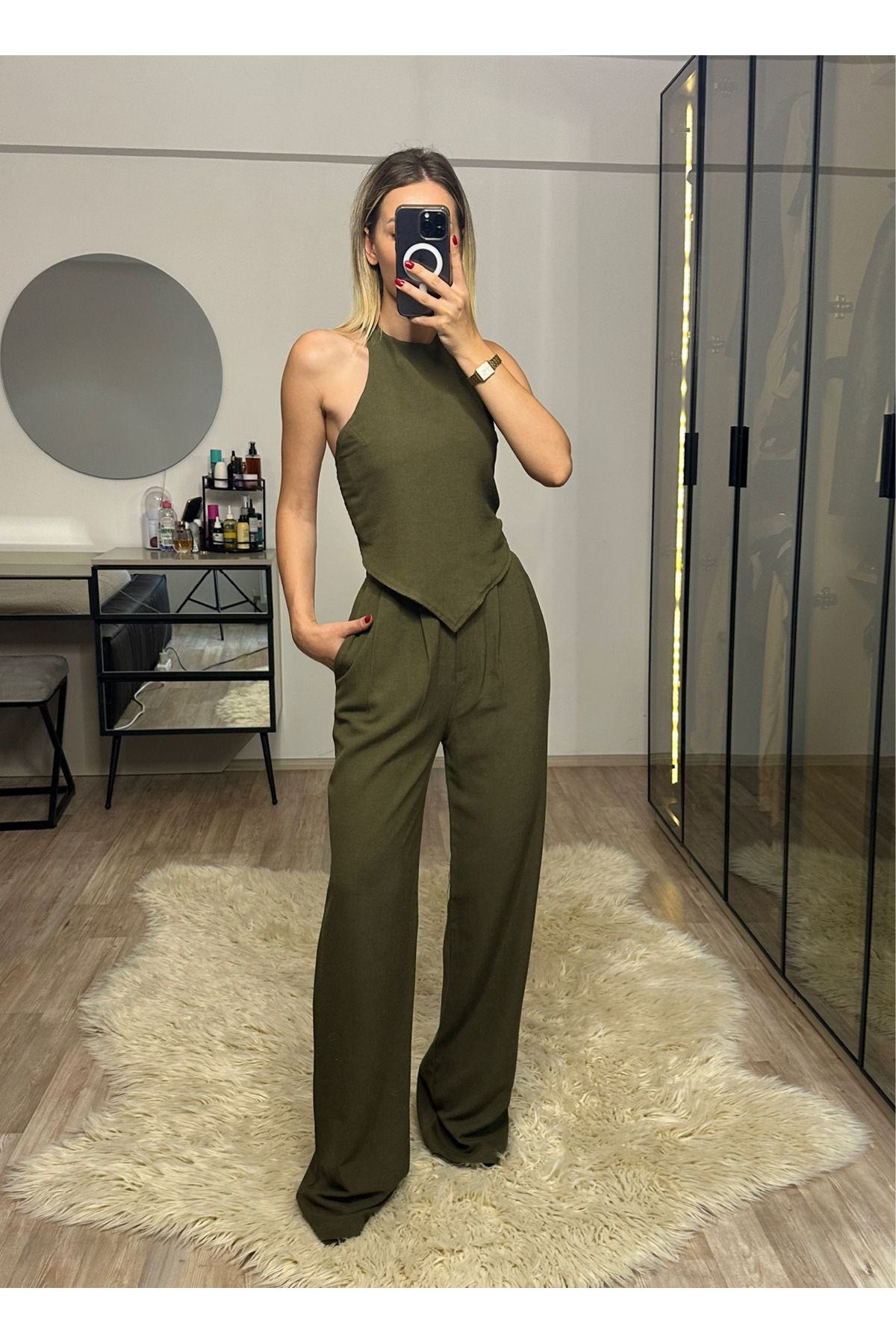 NET OF NOT Emily Haki Bambu Keten Asimetrik Halter Yaka Bluz Pantolon Takım