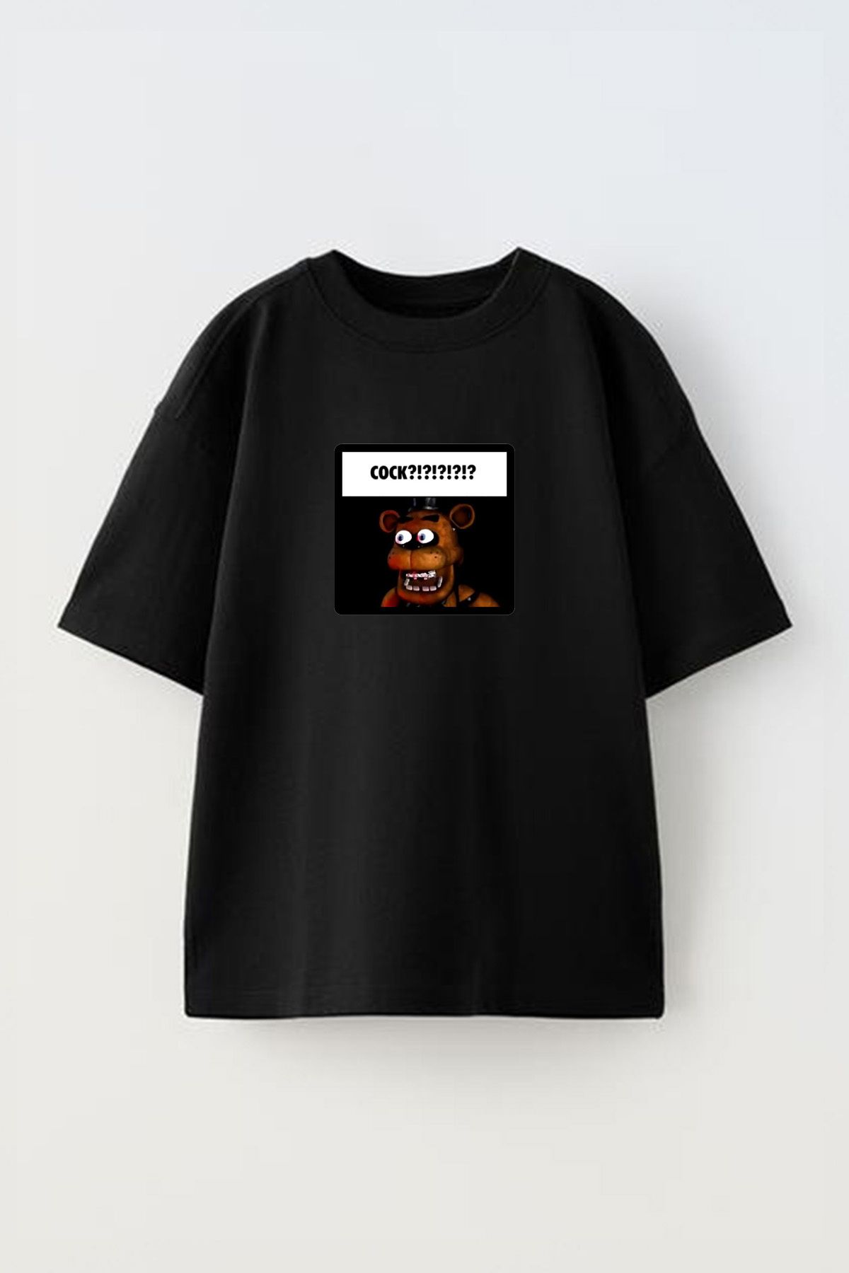 Anetos Fnaf Freddy Cock Meme Ön Baskılı Pamuk Siyah Oversize T shirt