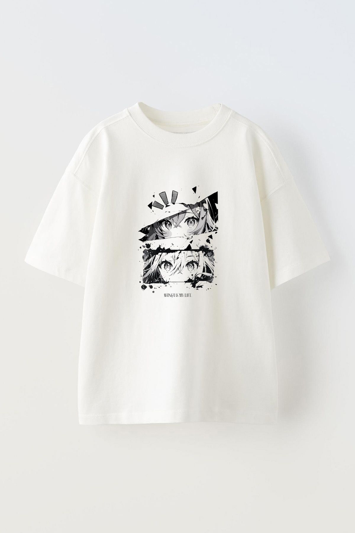 Anetos Grayscale Manga Ön Baskılı Pamuk Beyaz Oversize T shirt