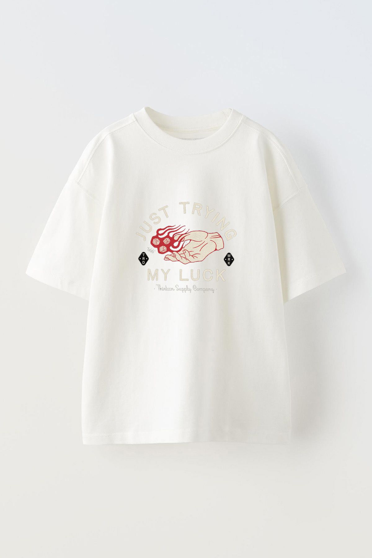 Anetos Just Tryıng My Luck Ön Baskılı Pamuk Beyaz Oversize T shirt