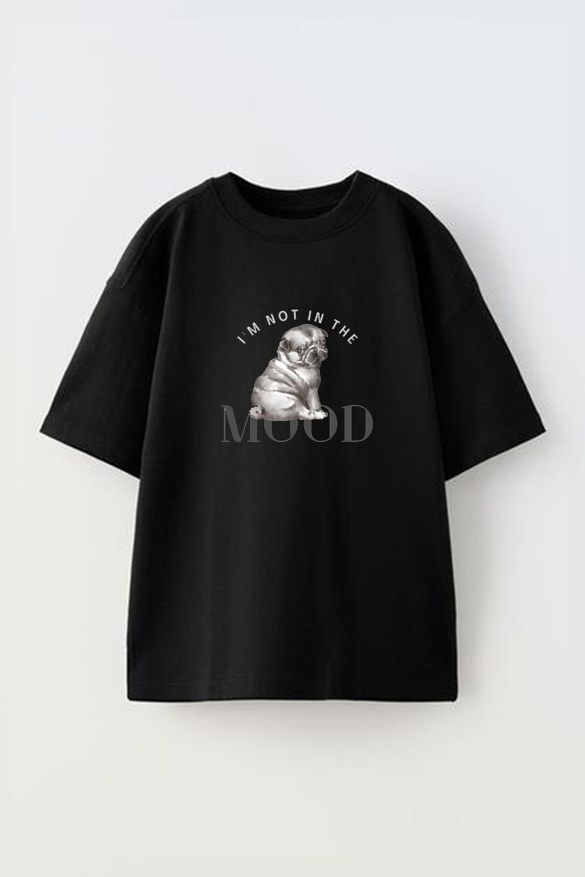 Anetos Havamda Değilim Dog Ön Baskılı Pamuk Siyah Oversize T shirt
