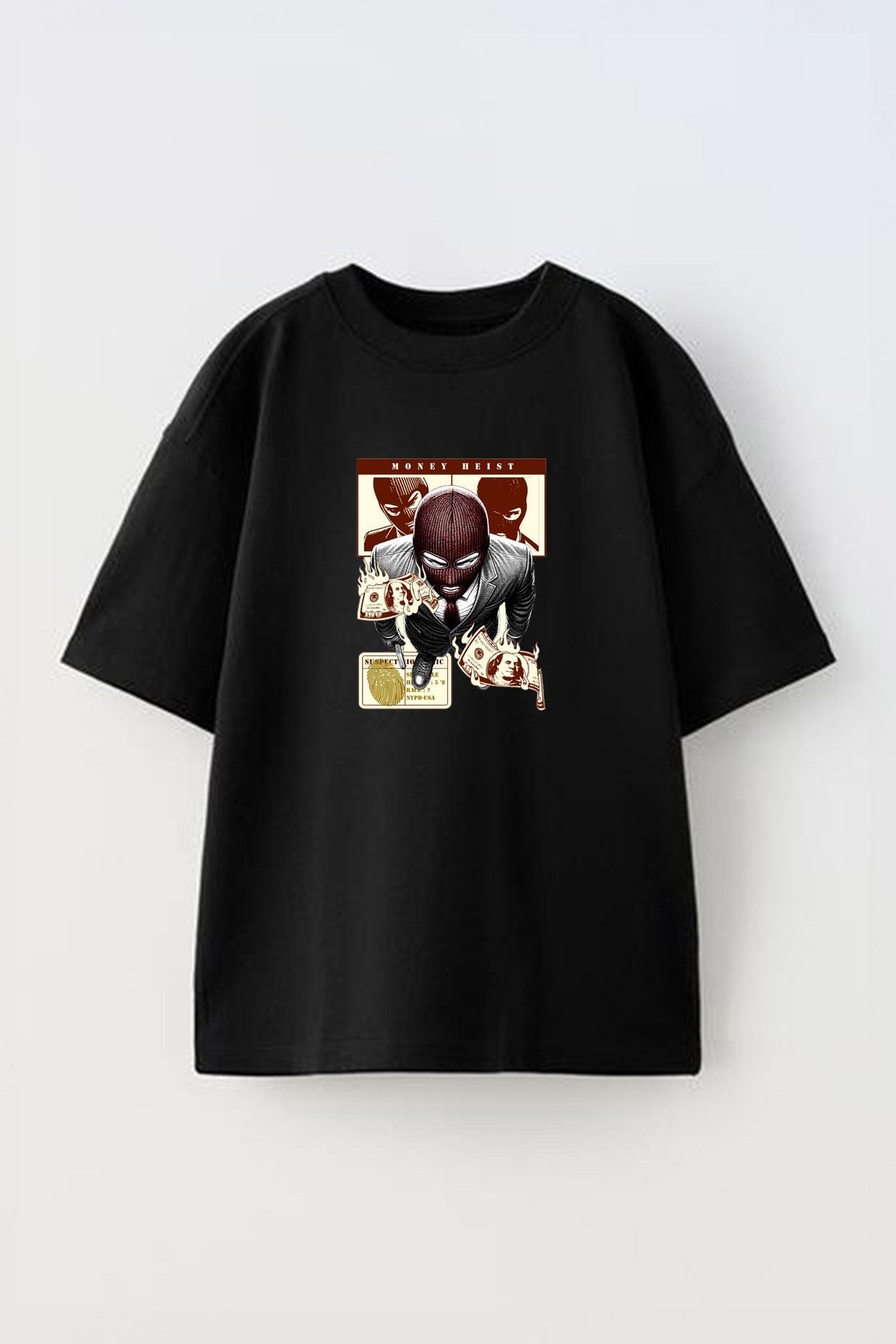 Anetos Money Heist Ön Baskılı Pamuk Siyah Oversize T shirt