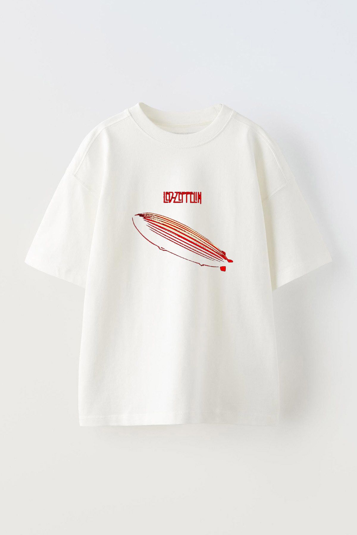 Anetos Led Zeppelin Zeplin Ön Baskılı Pamuk Beyaz Oversize T shirt