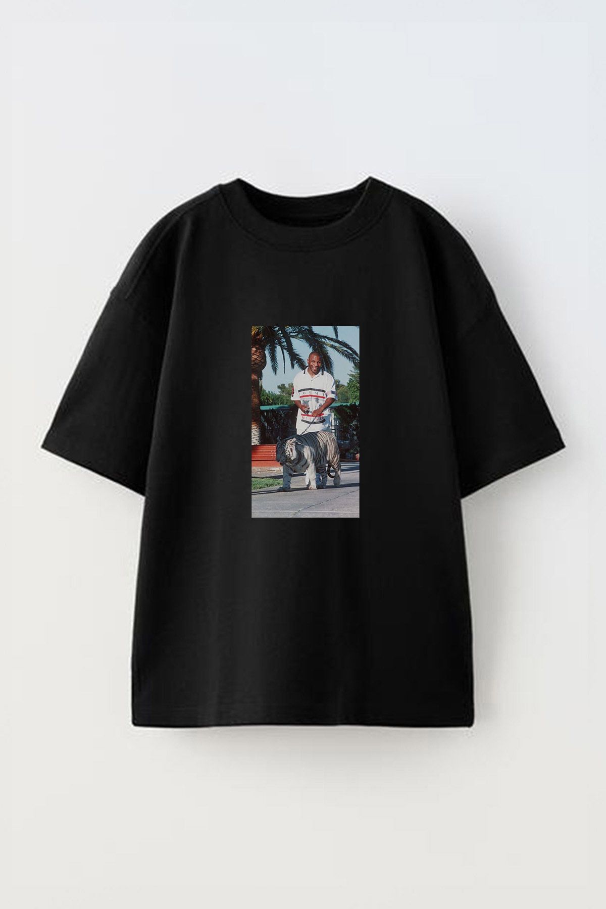 Anetos Mike Tyson Kaplan Ön Baskılı Pamuk Siyah Oversize T shirt