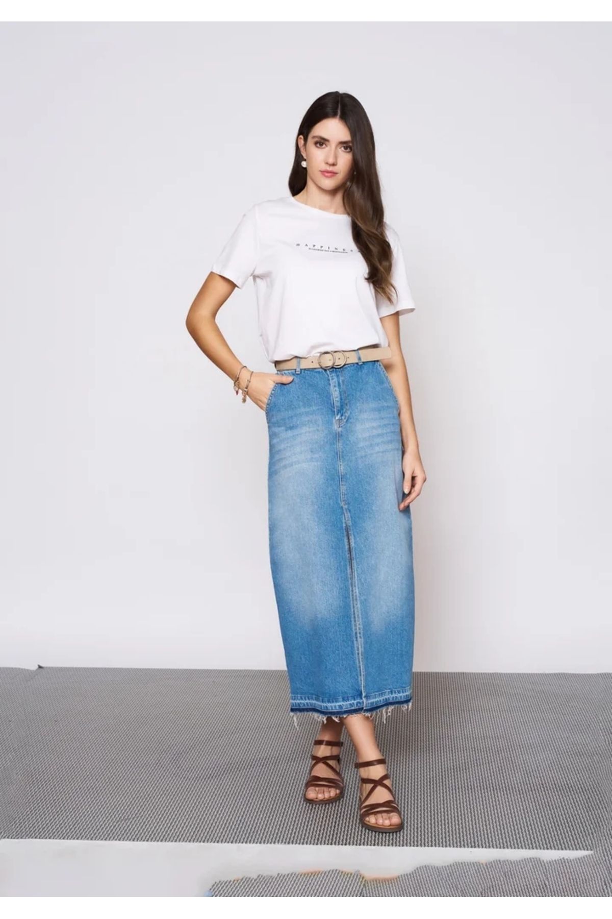 EUROFASHION Mavi Önü Yırtmaçlı Midi Denim Etek