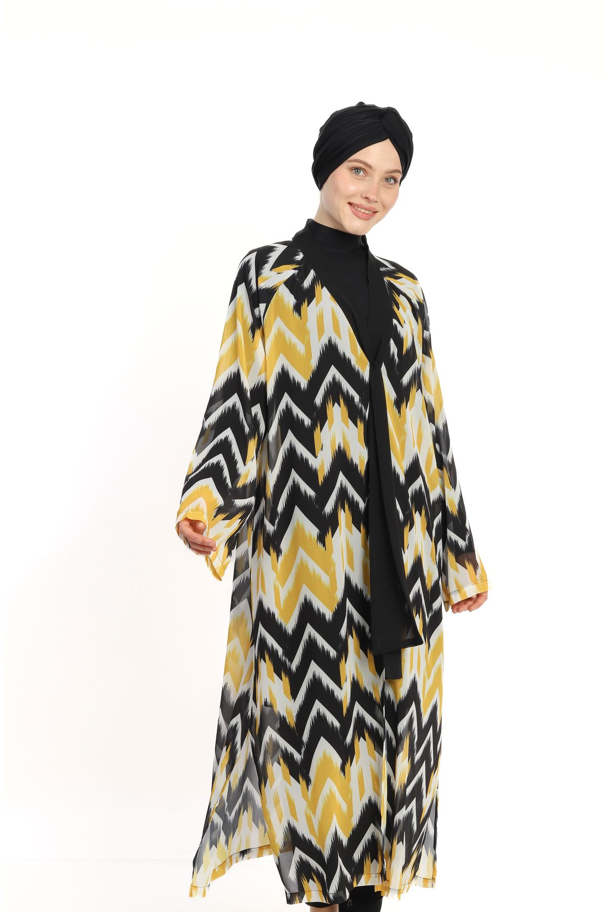 İKSUN Desenli Tesettür Tül Pareo Uzun Tasarım Kaftan Kimono