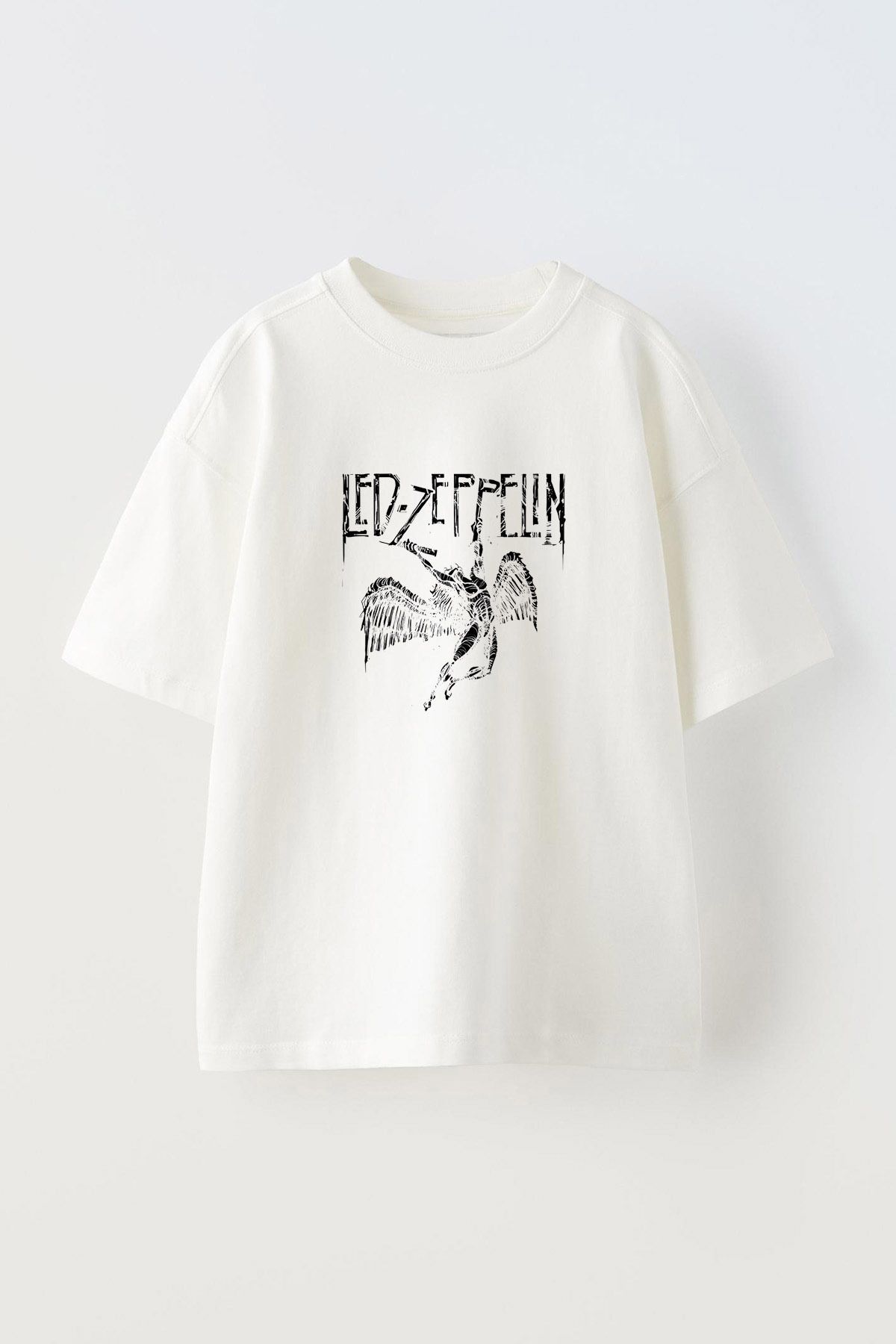Anetos Led Zeppelin Melek Ön Baskılı Pamuk Beyaz Oversize T shirt