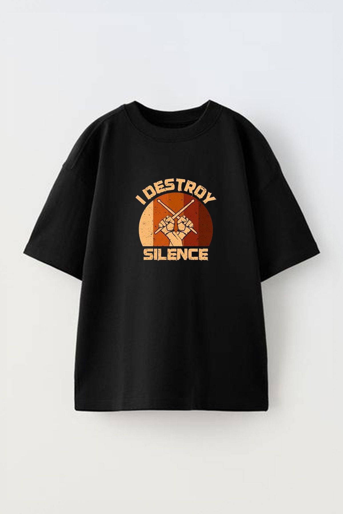 Anetos I Destroy Silence Ön Baskılı Pamuk Siyah Oversize T shirt