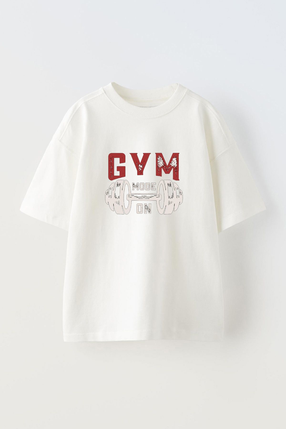 Anetos Gym Mode On Ön Baskılı Pamuk Beyaz Oversize T shirt