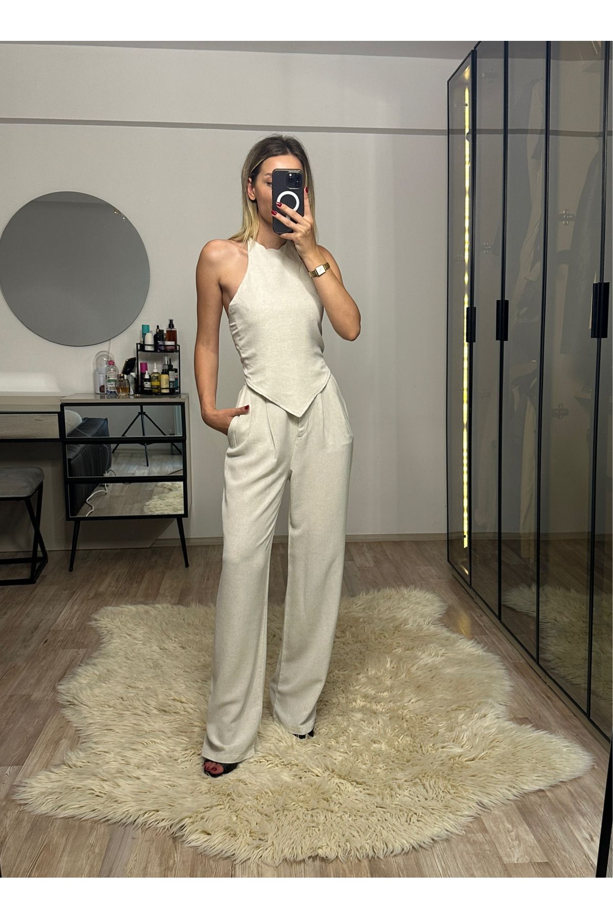NET OF NOT Emily Bej Bambu Keten Asimetrik Halter Yaka Bluz Pantolon Takım