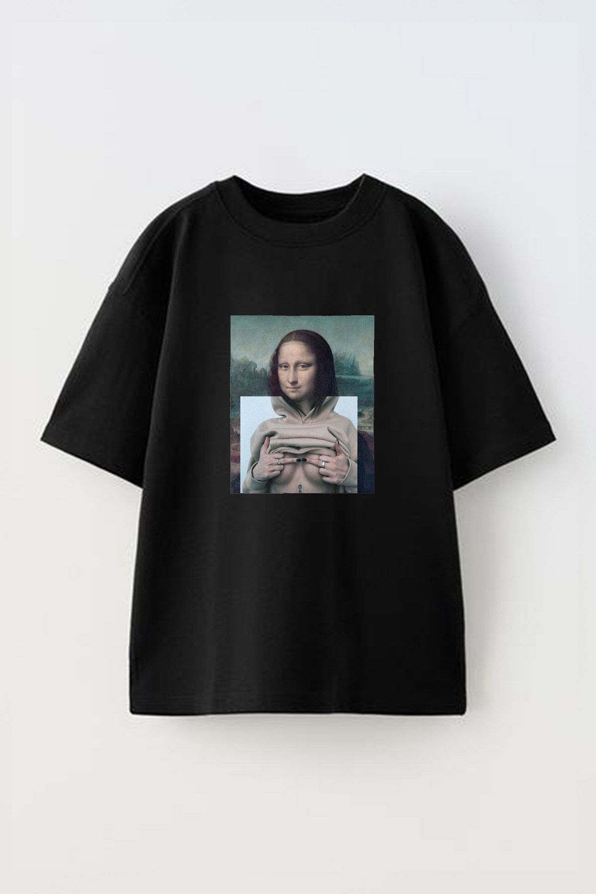 Anetos Mona Lisa Mf Canvas Mounted Ön Baskılı Pamuk Siyah Oversize T shirt