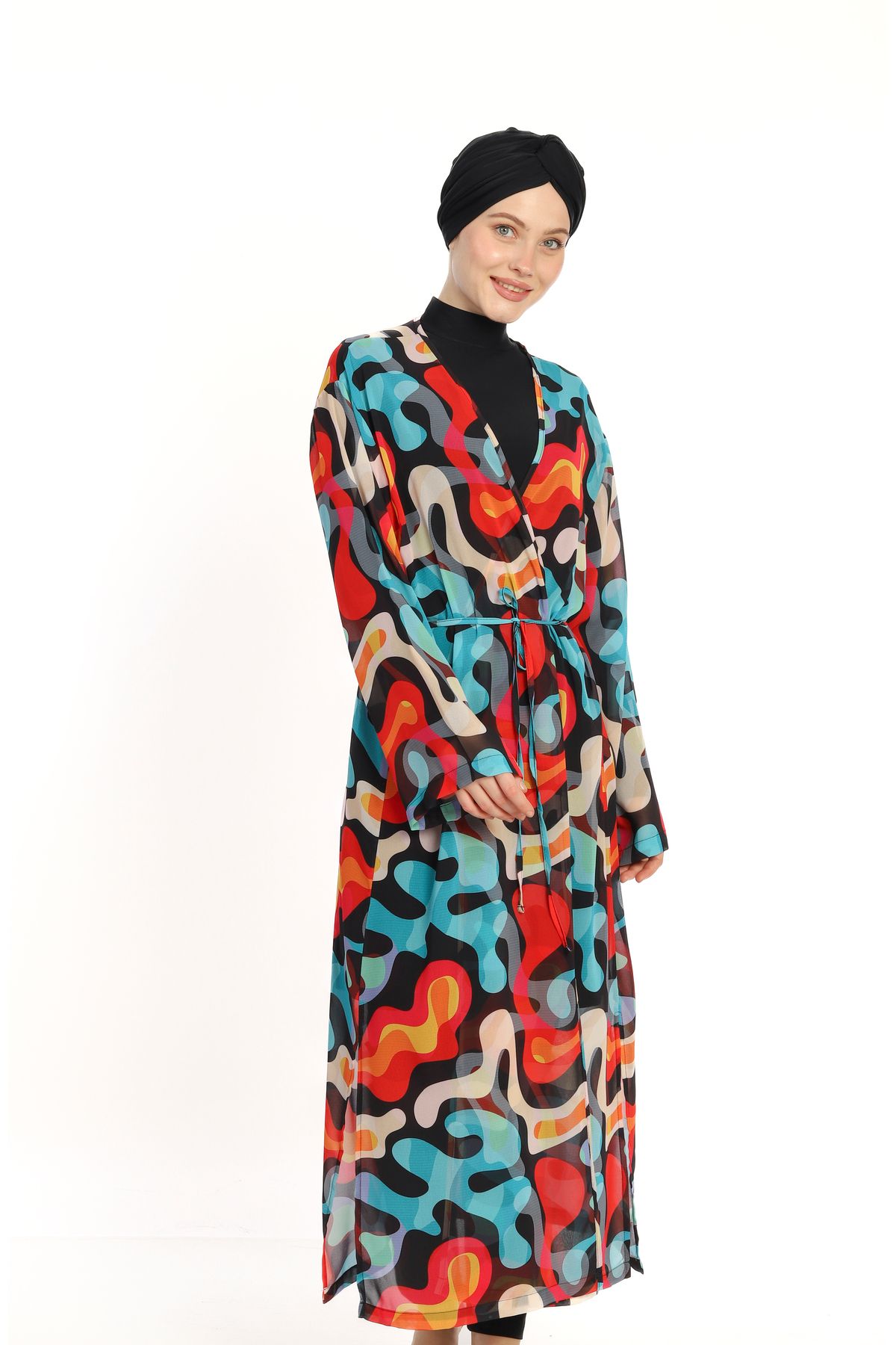 İKSUN Desenli Tesettür Tül Pareo Uzun Tasarım Kaftan Kimono