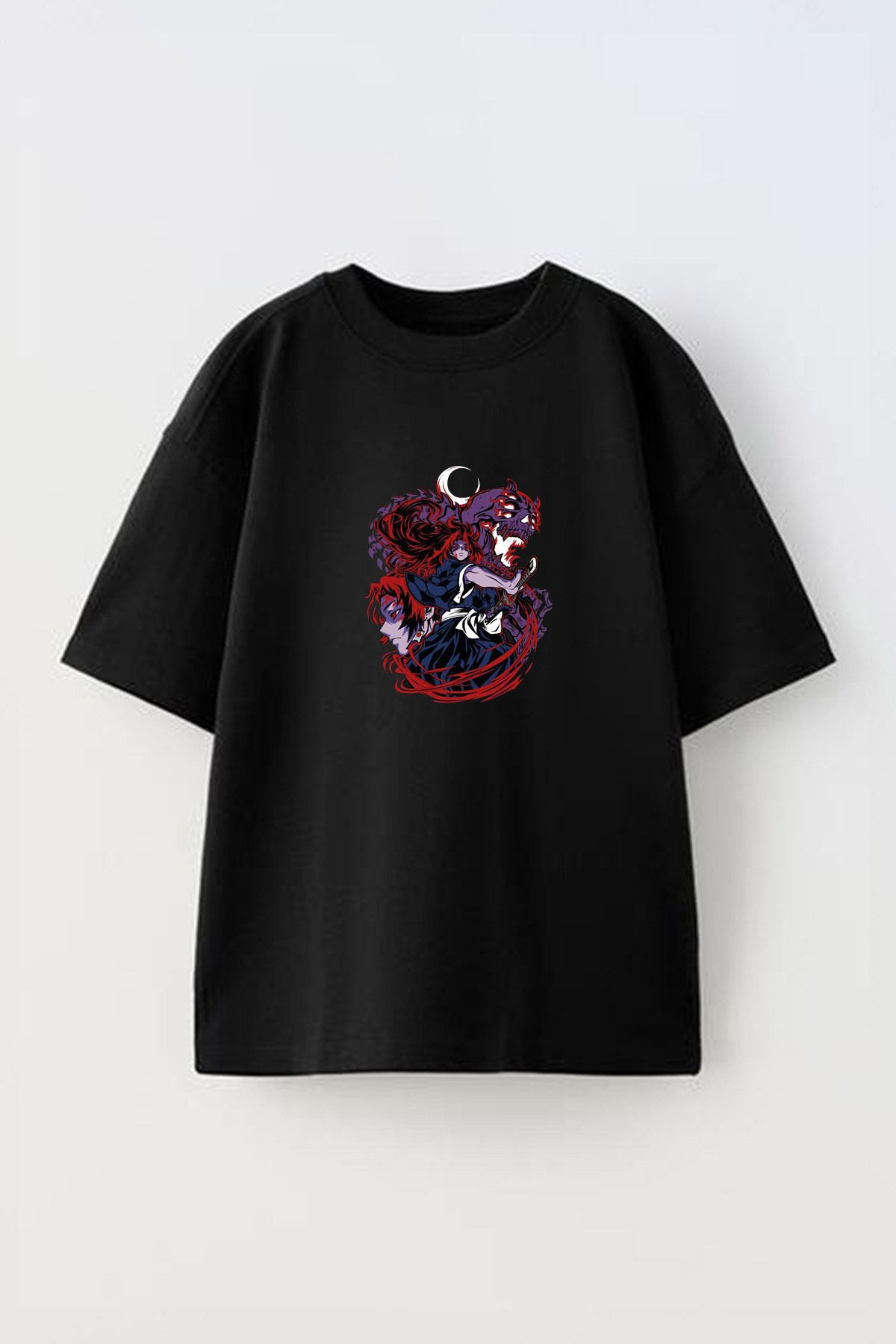 Anetos Kokushibo Demon Slayer Ön Baskılı Pamuk Siyah Oversize T shirt
