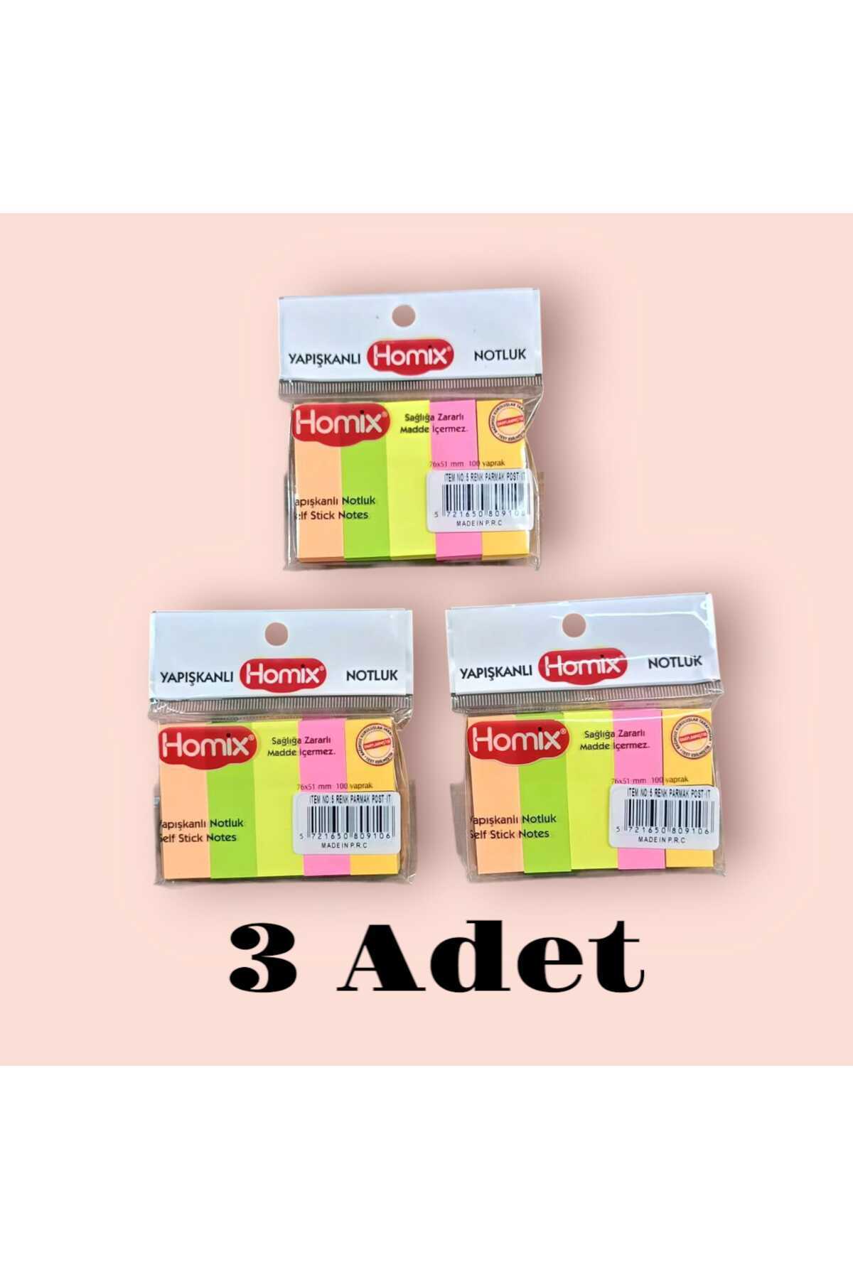 HOMİX 3 PAKET Yapışkanlı Renkli Parmak Post-it Notluk 5'li