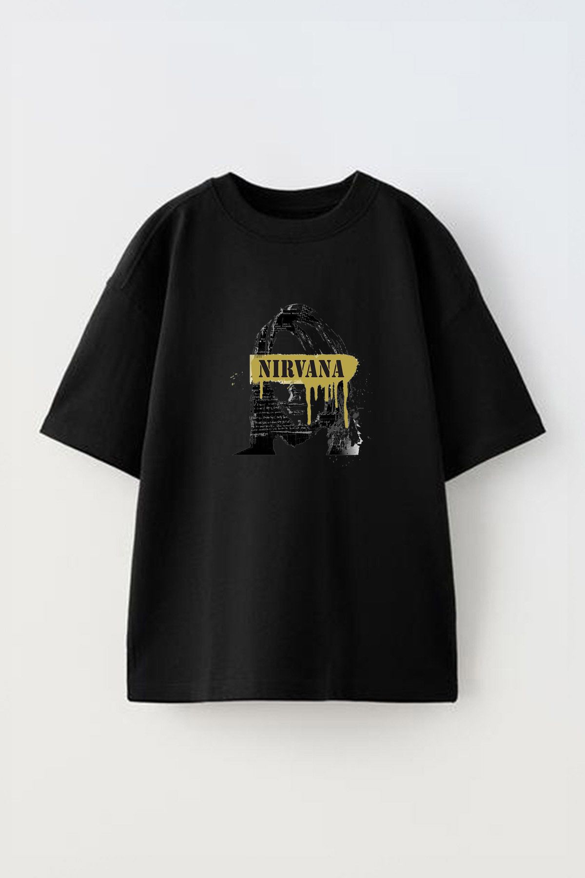 Anetos Nirvana Face Ön Baskılı Pamuk Siyah Oversize T shirt