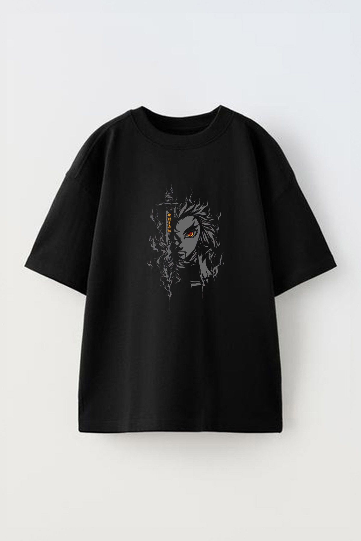 Anetos Kyojuro Rengoku Ön Baskılı Pamuk Siyah Oversize T shirt
