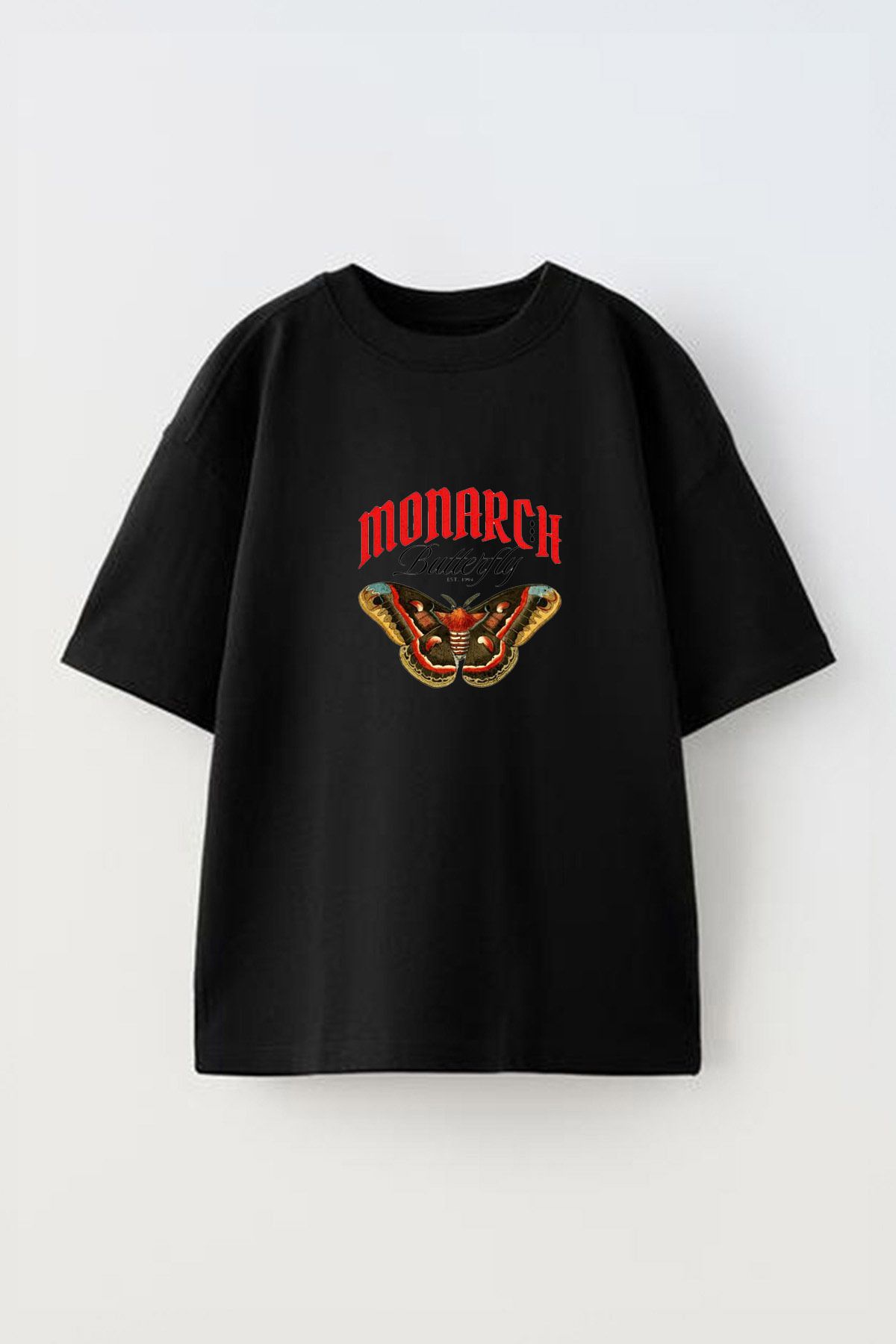 Anetos Monarch Butterfly Ön Baskılı Pamuk Siyah Oversize T shirt