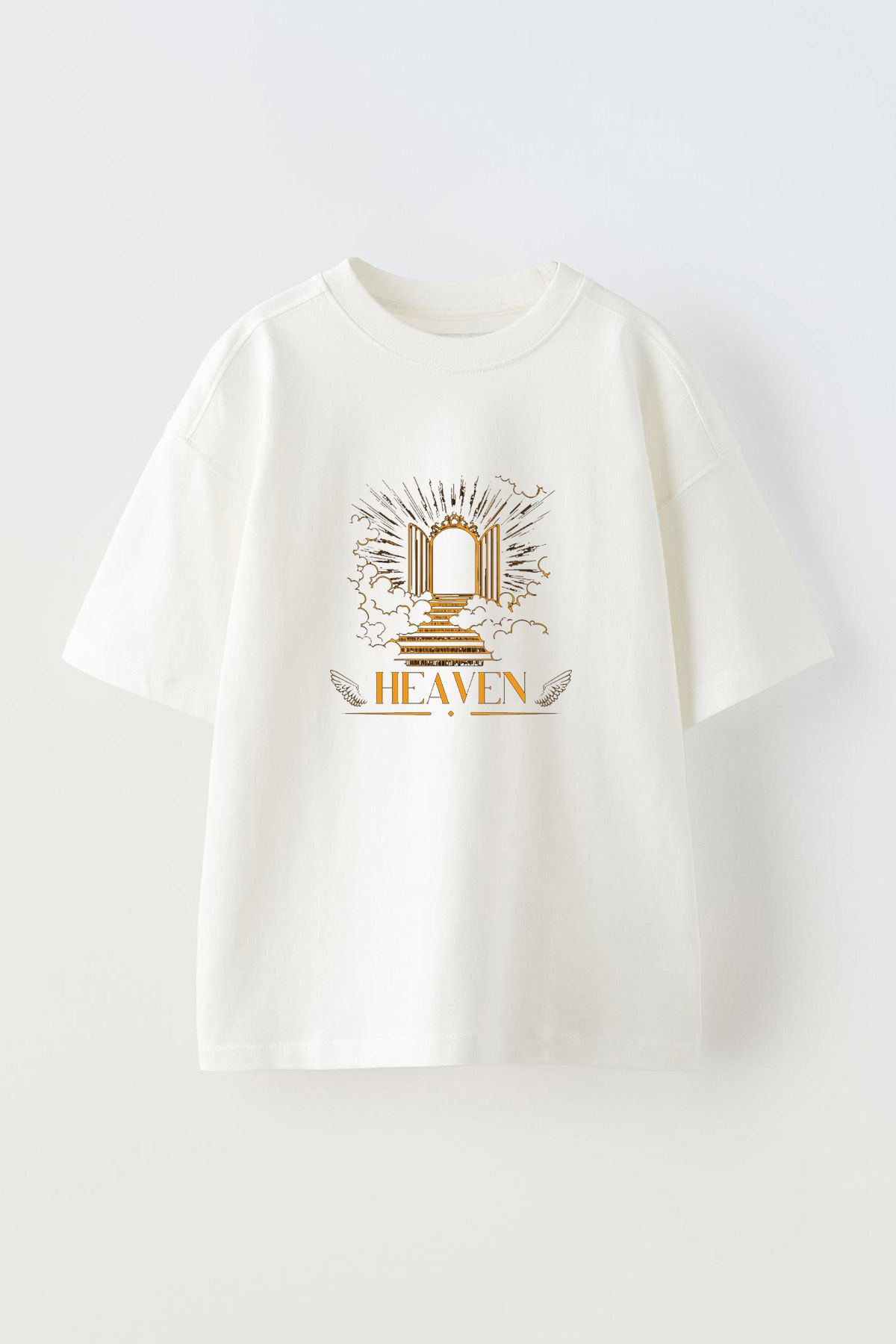 Anetos Hand Drawn Heaven Ön Baskılı Pamuk Beyaz Oversize T shirt