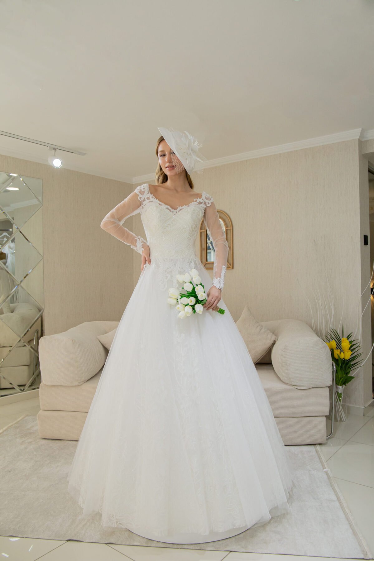 Meltem Aydın Cordone Lace Detailed, Long Transparent Sleeves, Crystal Hand Embroidered A Form Wedding Dress