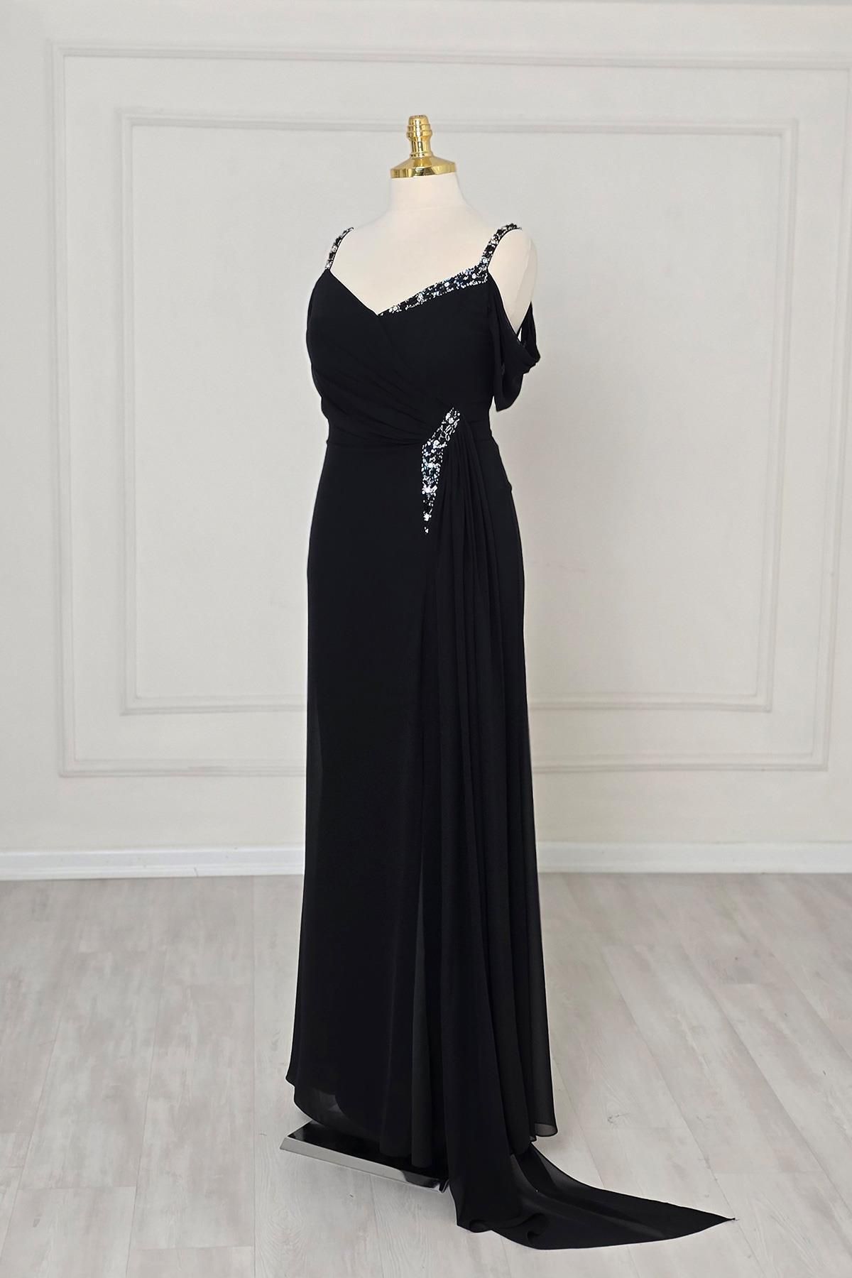 Yonca Moda Evi Siyah Şifon Taş Askılı Drapeli Yırtmaçlı B.Beden Abiye 0604