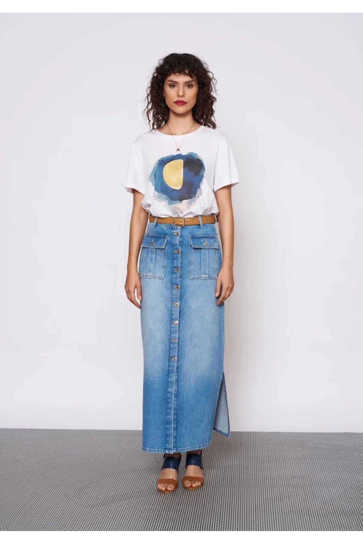 EUROFASHION Mavi Önü Yırtmaçlı Düğmeli Midi Denim Etek