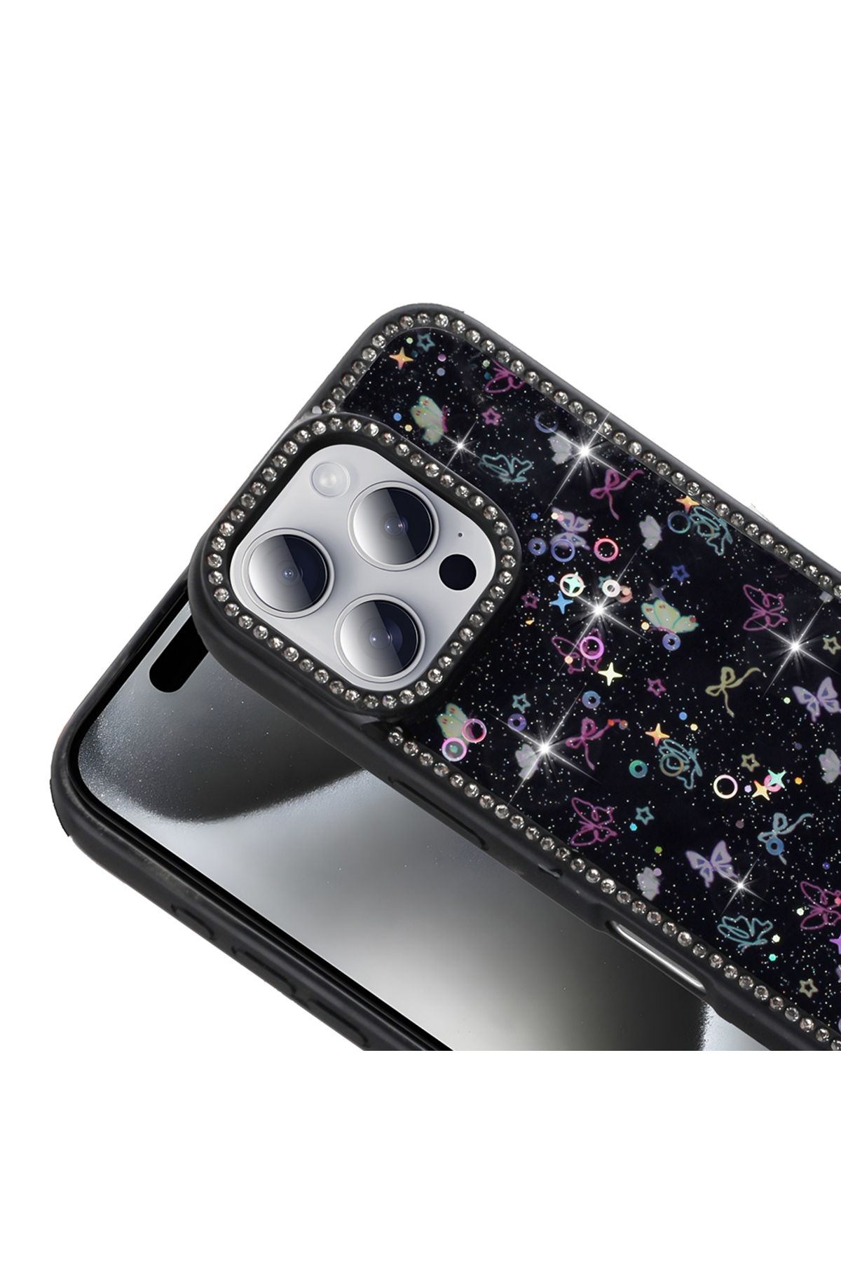 Zipax Apple iPhone 14 Pro Kılıf Taşlı ve Simli Tasarım Zr-Azra