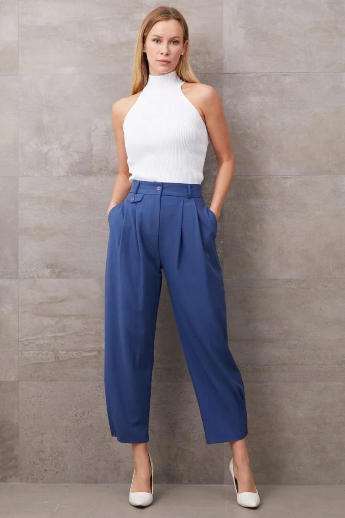 BellevieStore Paçası Düğmeli Yüksek Bel Pantolon