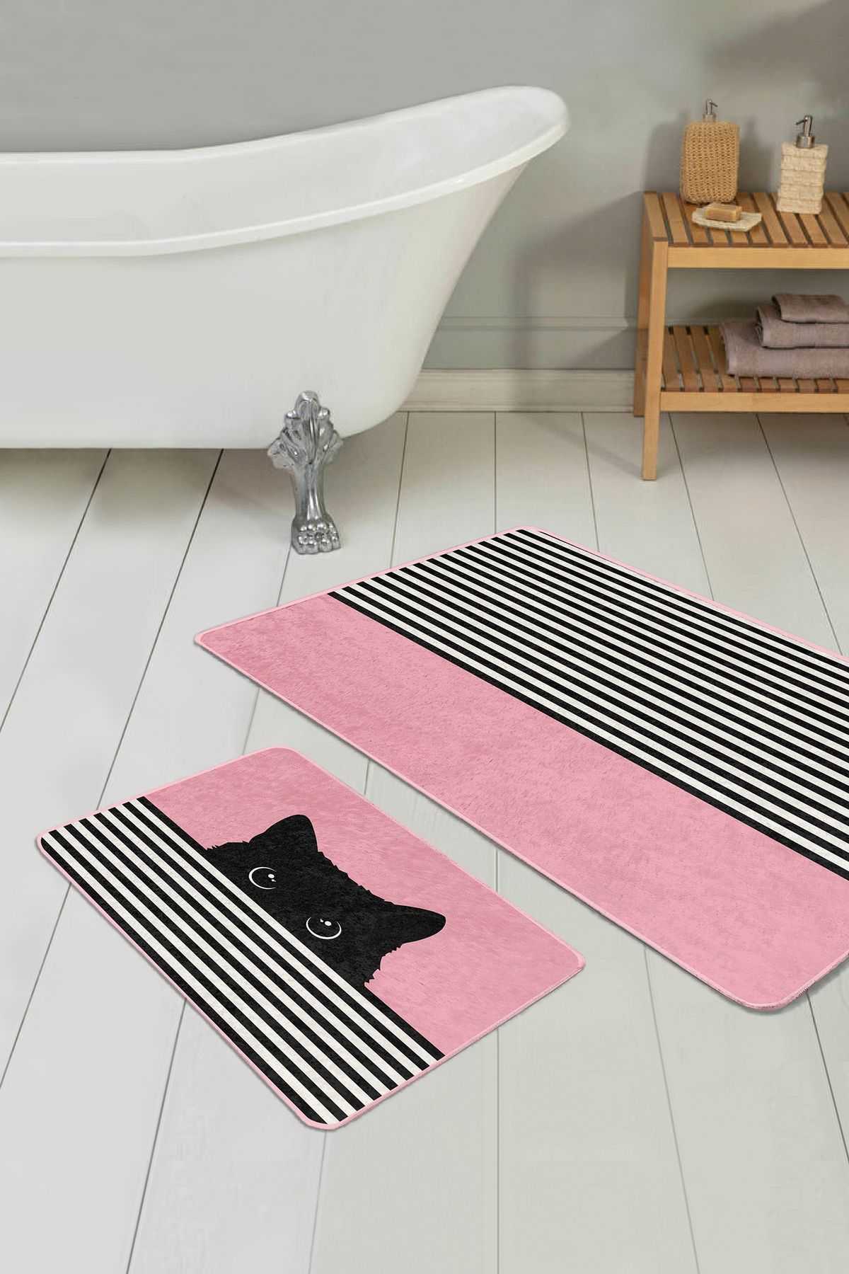 Realhomes Pembe Zemin Çizgili Kedi Özel Tasarım 2'li Banyo Paspas Takımı & Mutfak Paspas Seti