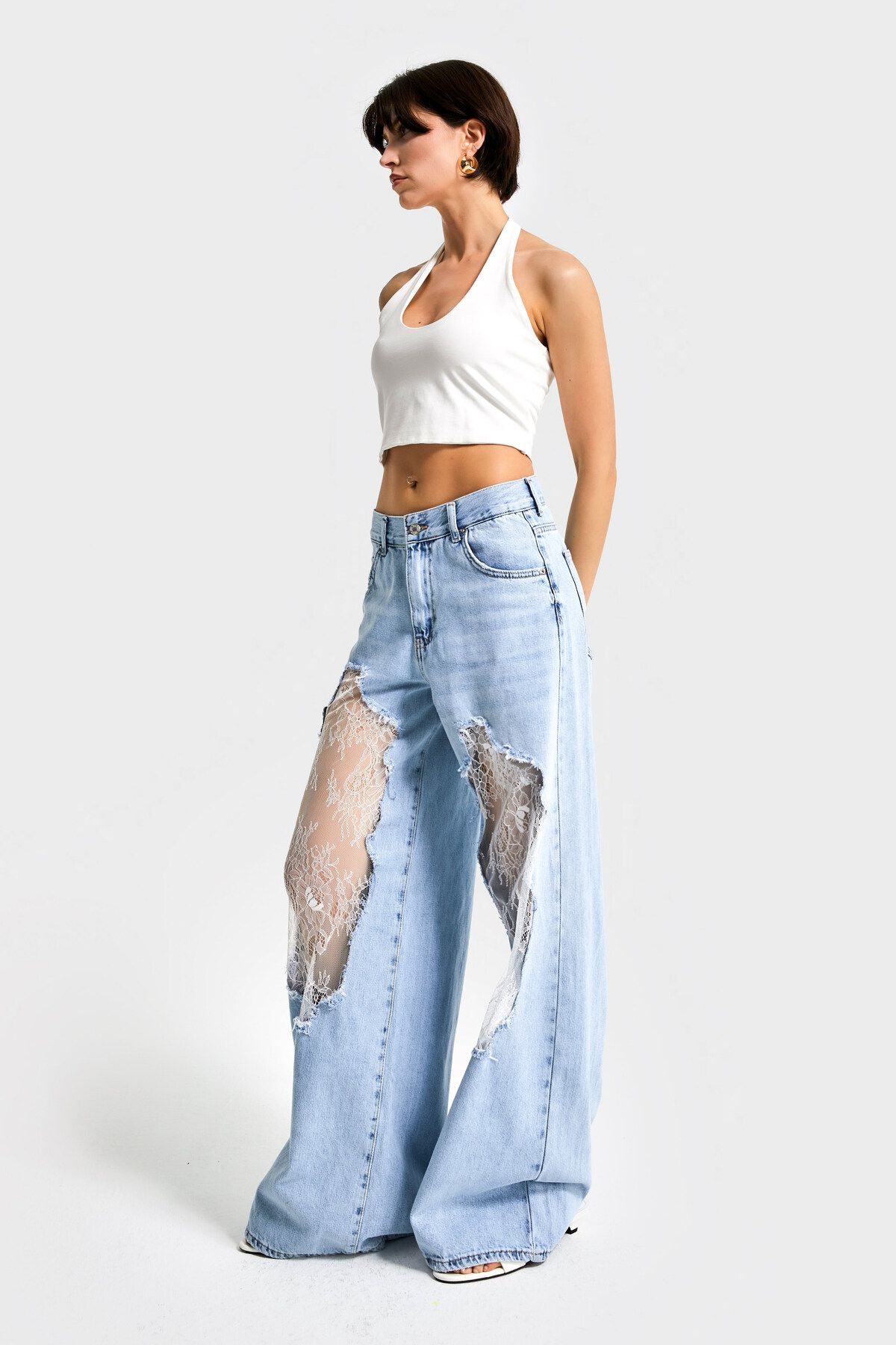 its basic Kadın Kot rengi 12s5-27 Palazzo Fit Şeffaf Tül Dantel Detaylı %100 Koton Özel Tasarım Denim Jean