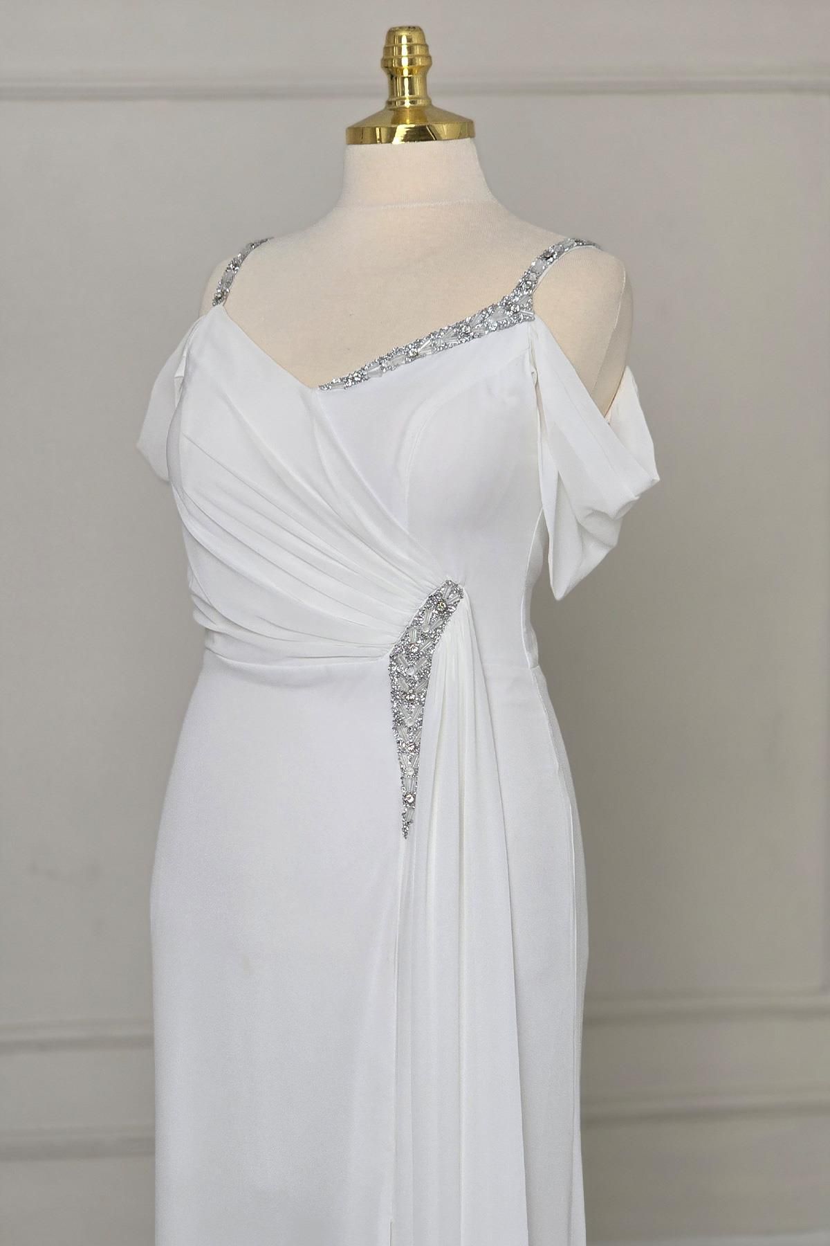 Yonca Moda Evi Beyaz Şifon Taş Askılı Drapeli Yırtmaçlı B.Beden Abiye 0604