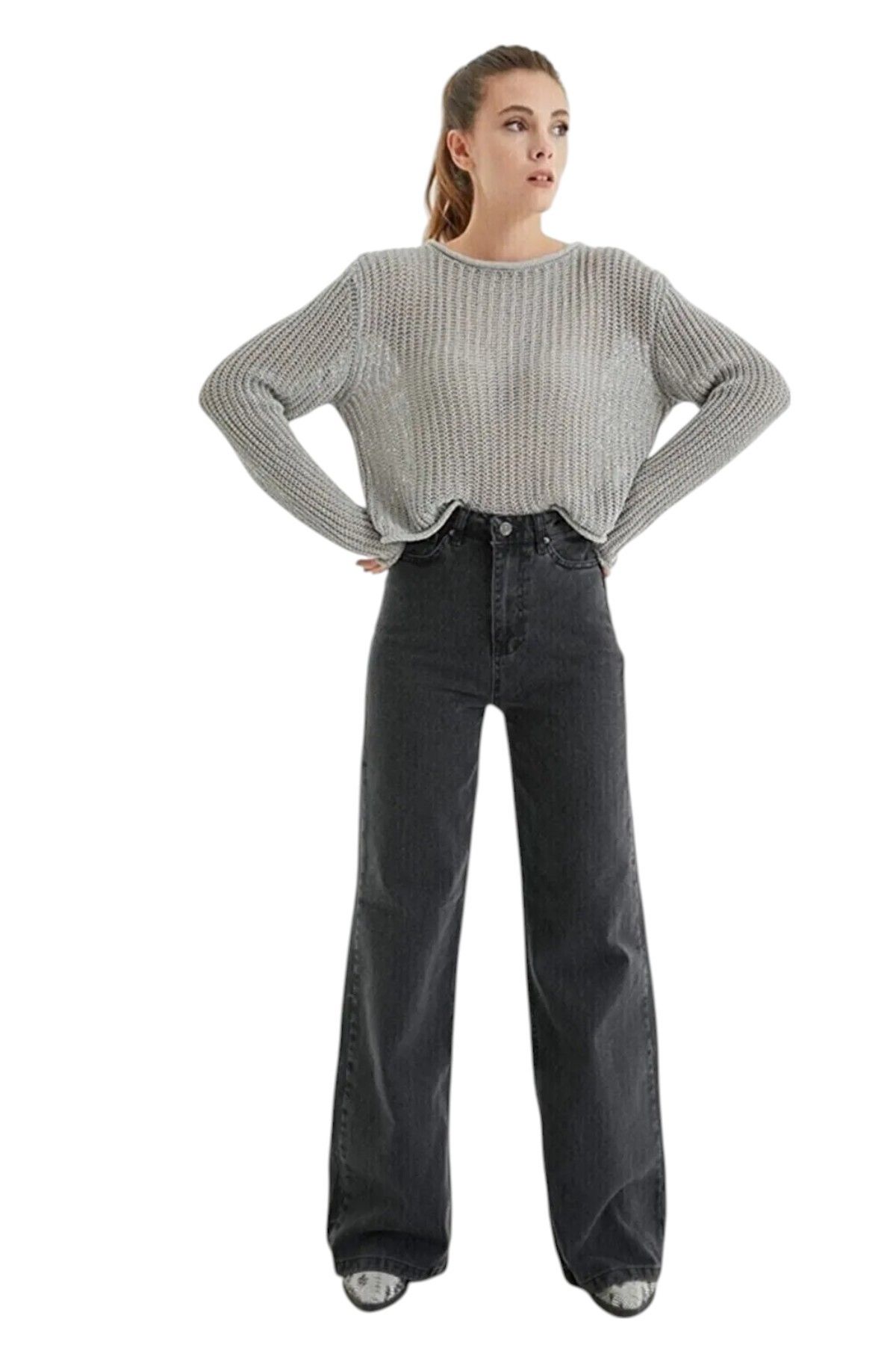 Livik Harmony Kadın Likralı Esnek Özel Bol Paça Kot Pantolon,Palazzo Model Bol Kesim Geniş Paça