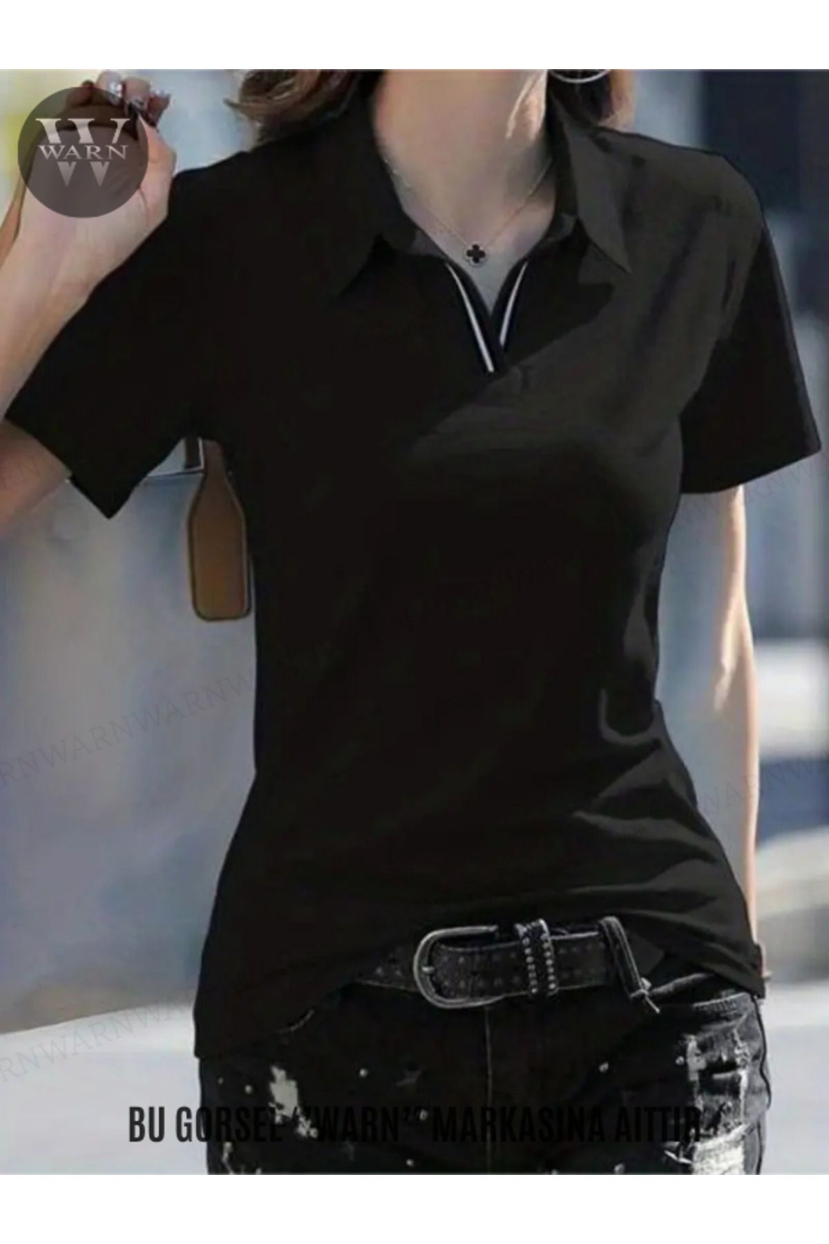 warn Kadın Polo Yaka Patlı Şeritli Kısa Kollu Body T-Shirt Yazlık Likralı Dar