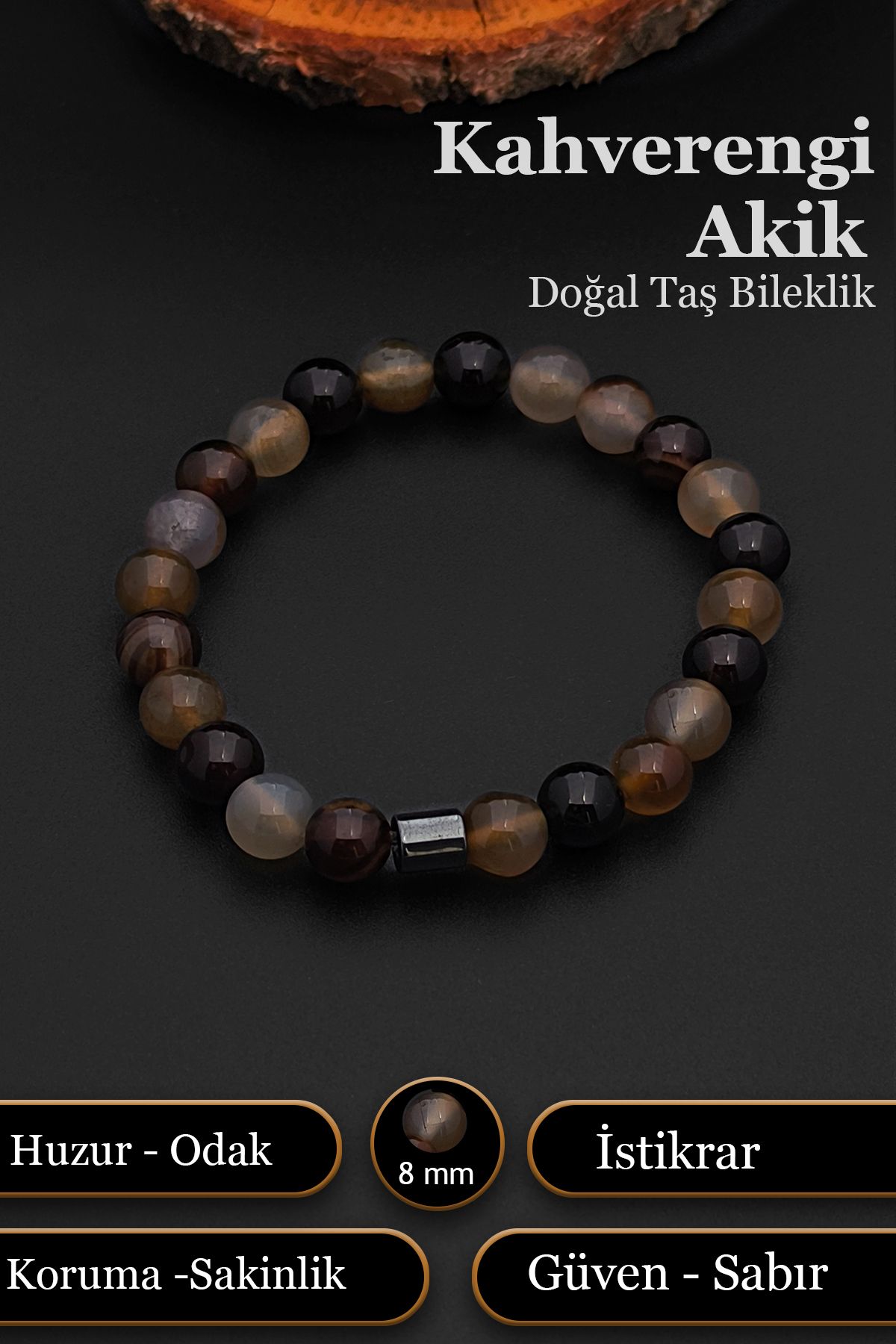 SİLVERA TELKARİ Doğal Taş Bileklik Erkek Kadın Kahverengi Akik Bileklik 8 mm BT054