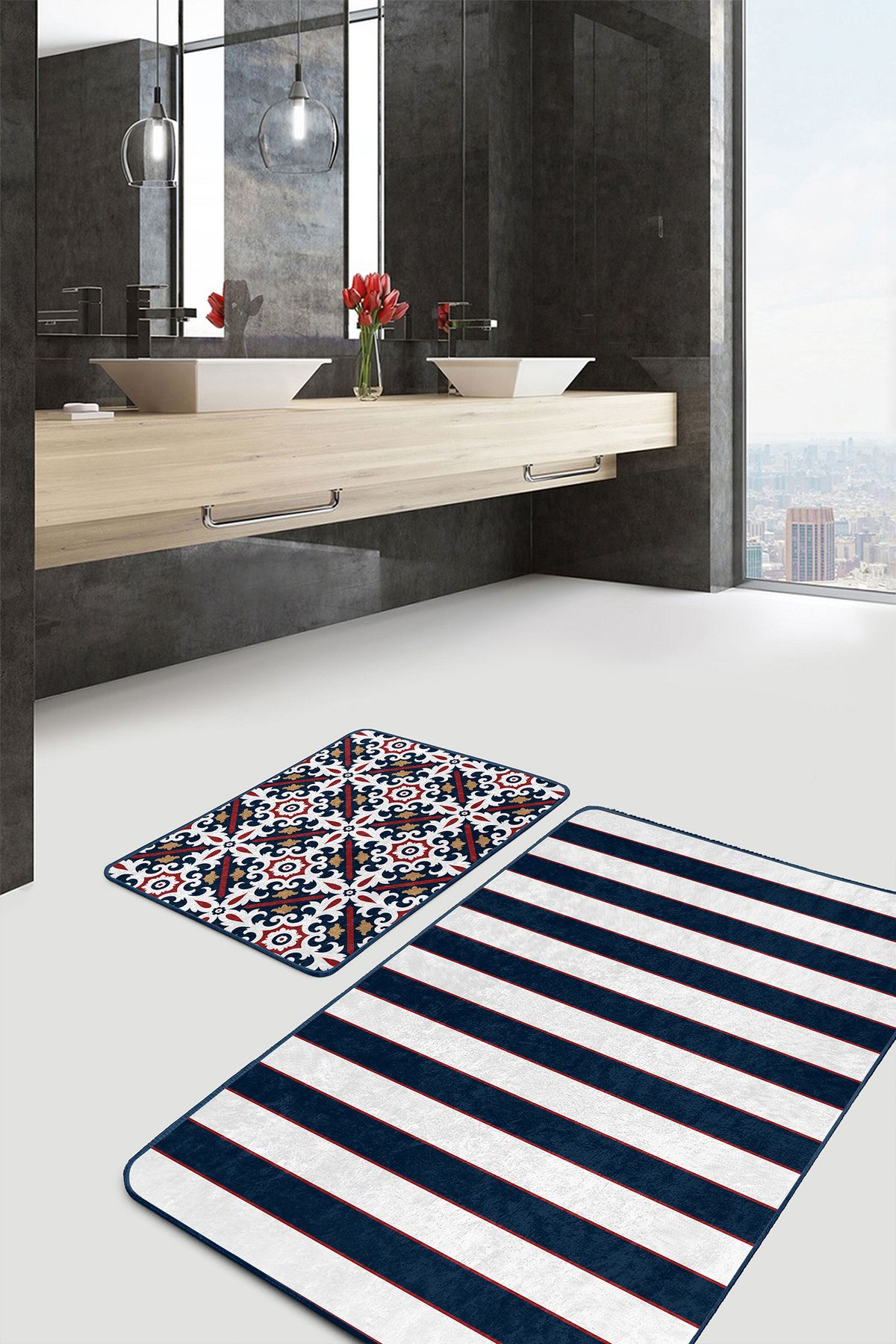Realhomes Lacivert Geometrik Çizim Düz Çizgili 2'li Banyo Paspas Takımı & Mutfak Paspas Takımı